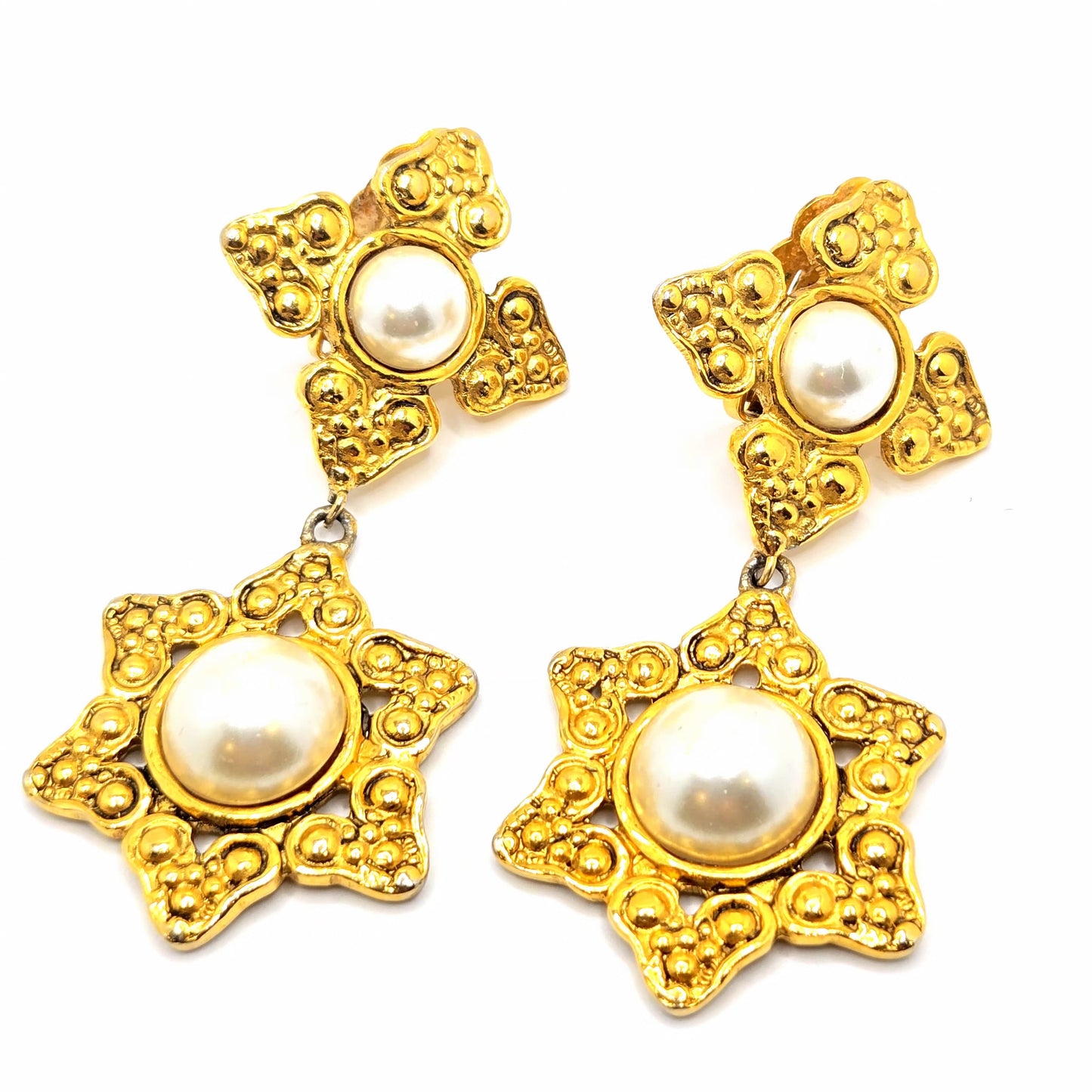 Vintage Designer Runway Large Cross Star Gold tone Faux pearl Dangle CLIP on EARRINGS