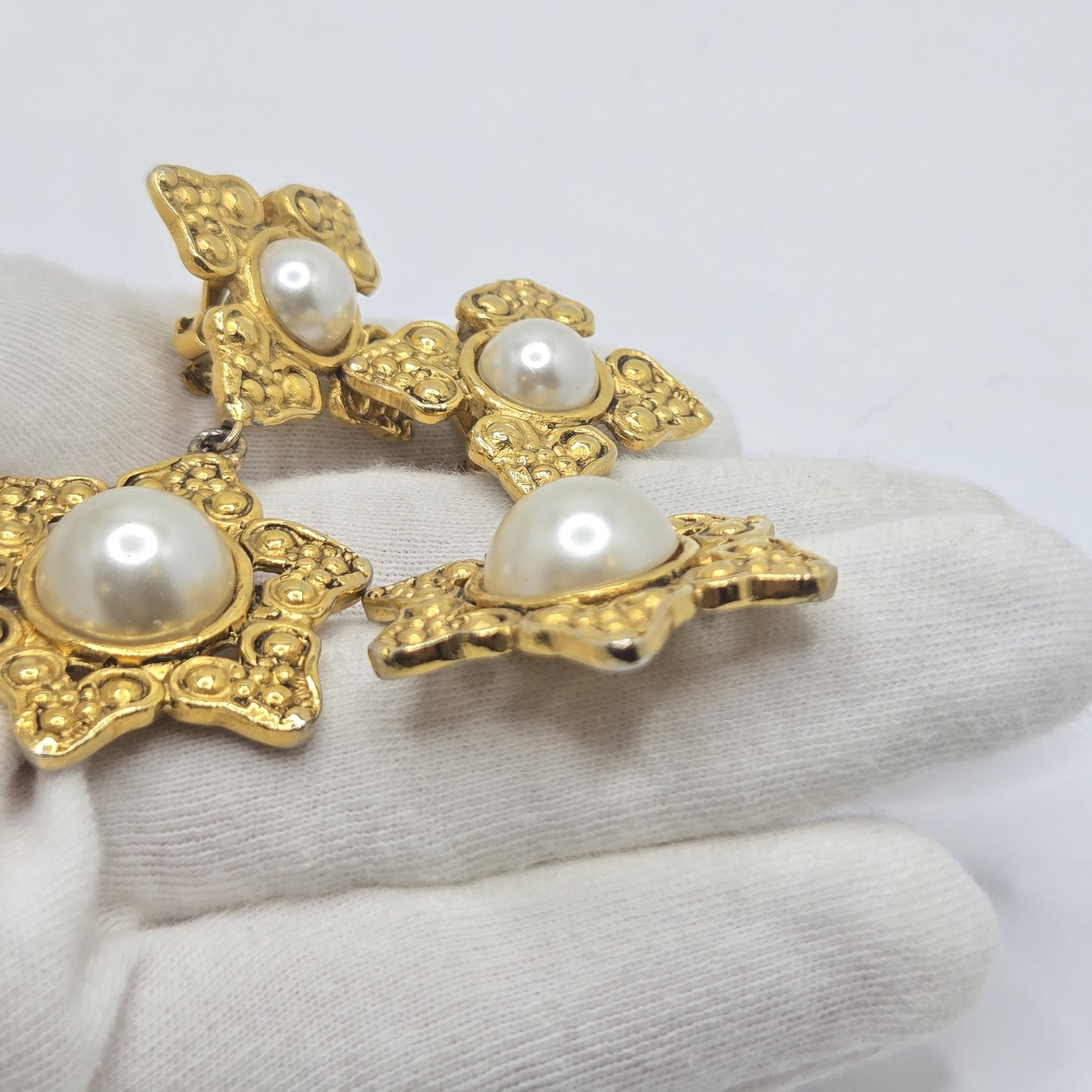 Vintage Designer Runway Large Cross Star Gold tone Faux pearl Dangle CLIP on EARRINGS