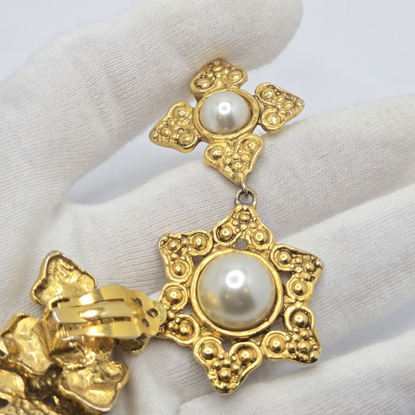 Vintage Designer Runway Large Cross Star Gold tone Faux pearl Dangle CLIP on EARRINGS