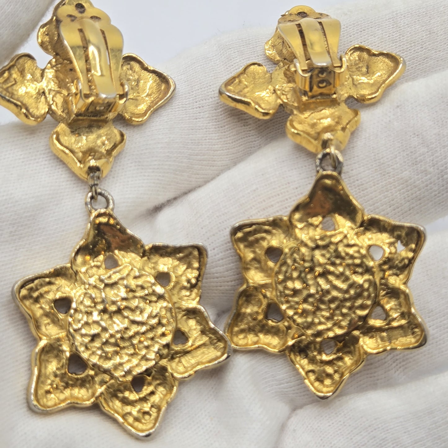 Vintage Designer Runway Large Cross Star Gold tone Faux pearl Dangle CLIP on EARRINGS