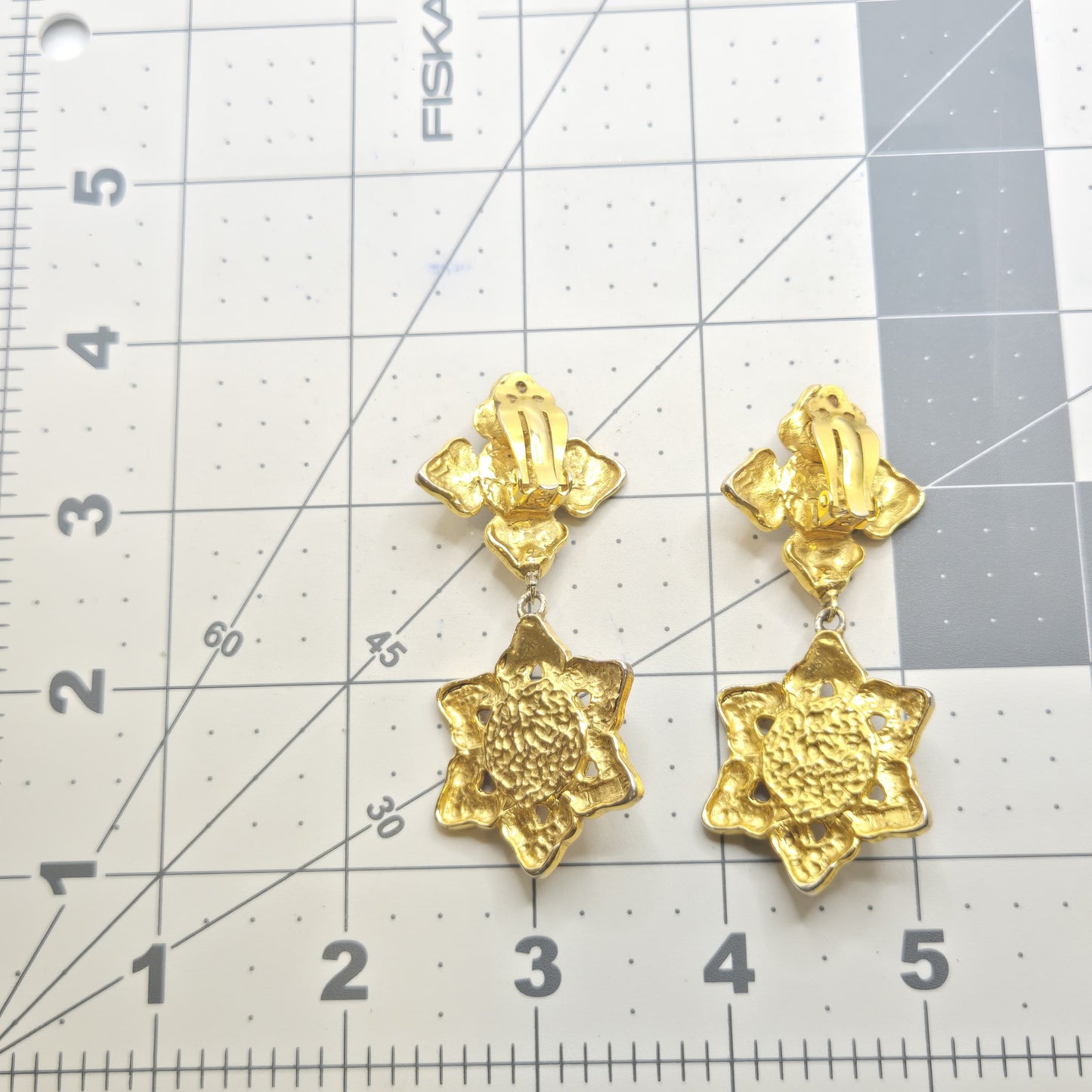 Vintage Designer Runway Large Cross Star Gold tone Faux pearl Dangle CLIP on EARRINGS