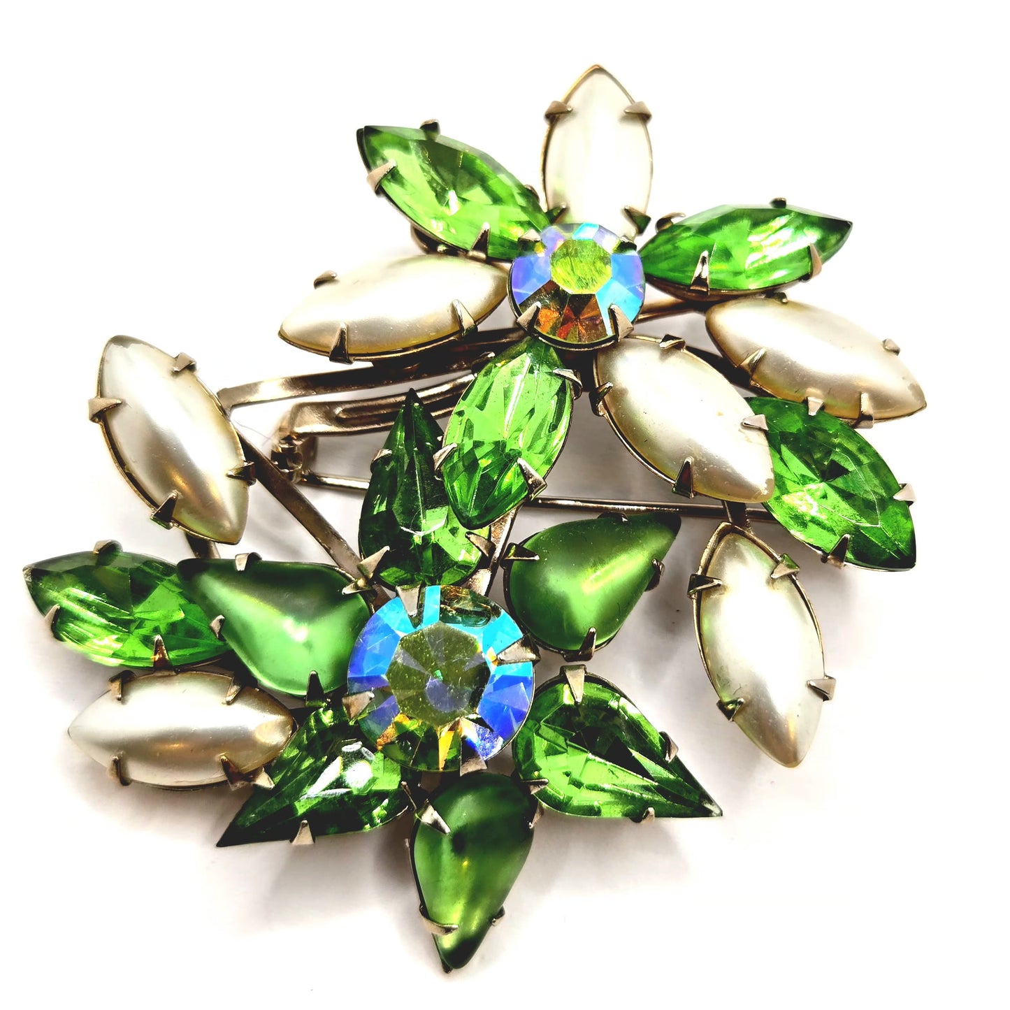Vintage Designer Green Rhinestones Faux Pearls Light Gold tone Brooch Pin