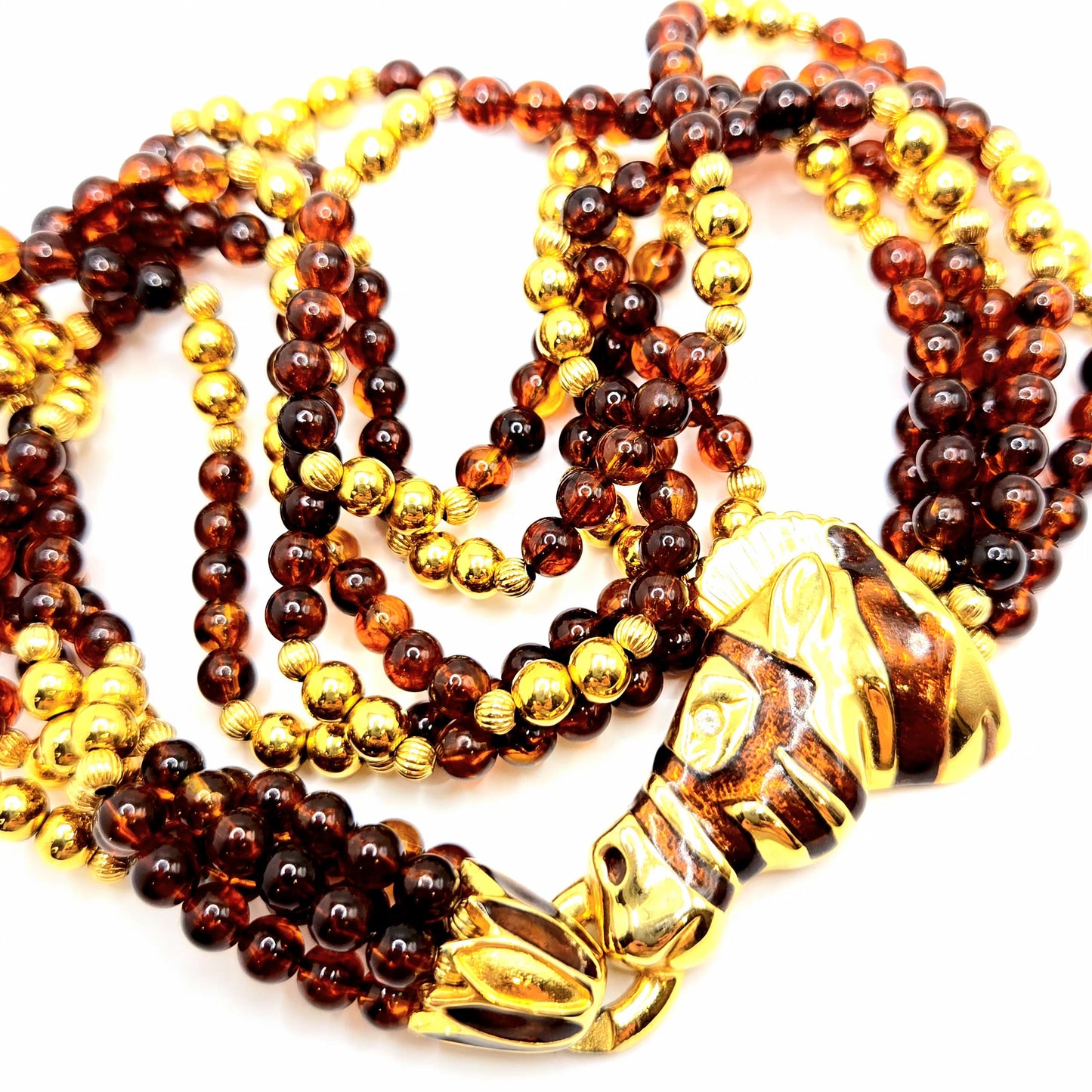 Vintage HORSE HEAD Brown and gold beads Enameled choker necklace