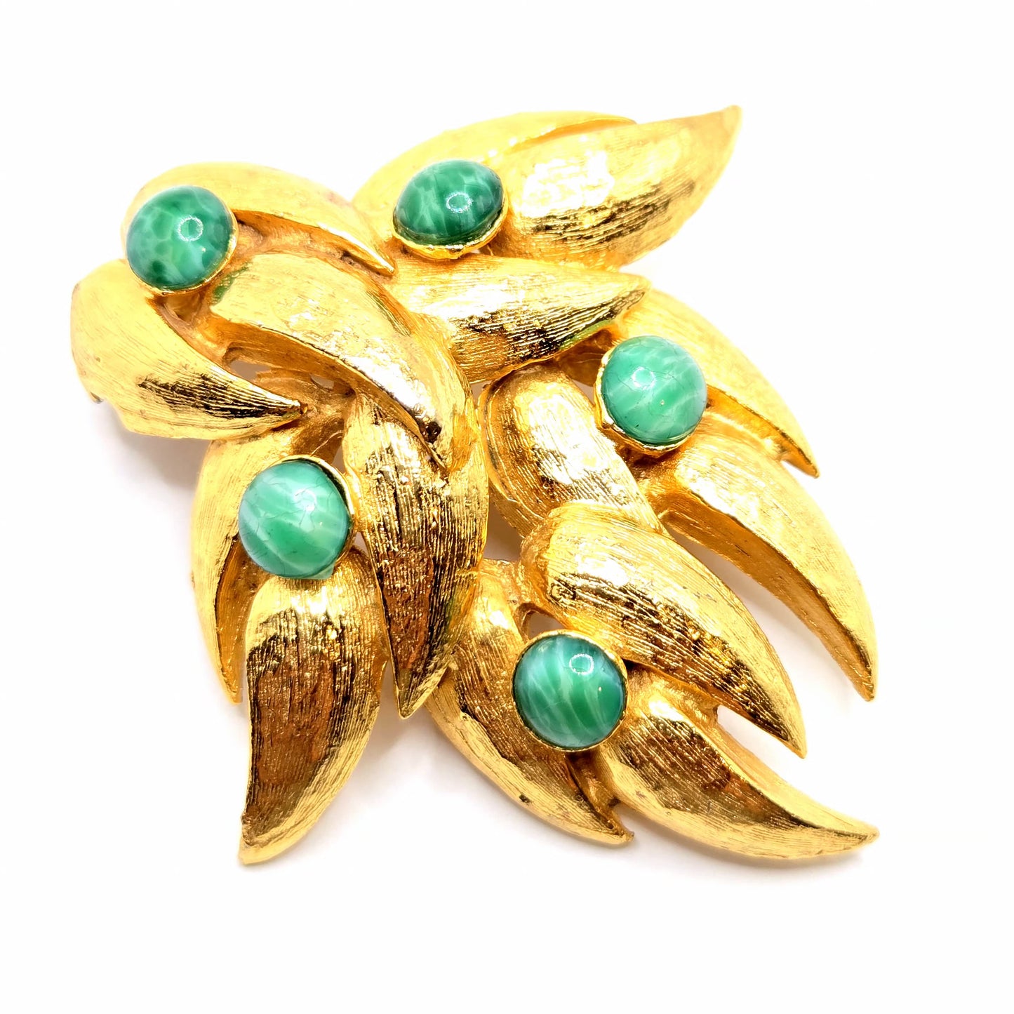 Vintage Designer Runway Beautiful Gold tone with green Faux Jade Brooch Pin