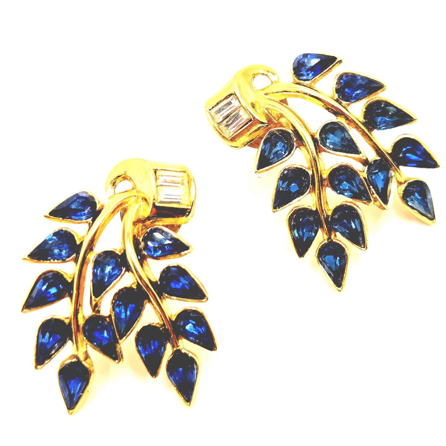 Vintage TRIFARI Blue leaves Rhinestones Gold tone Pierced Earrings (made from Clip on Earrings)