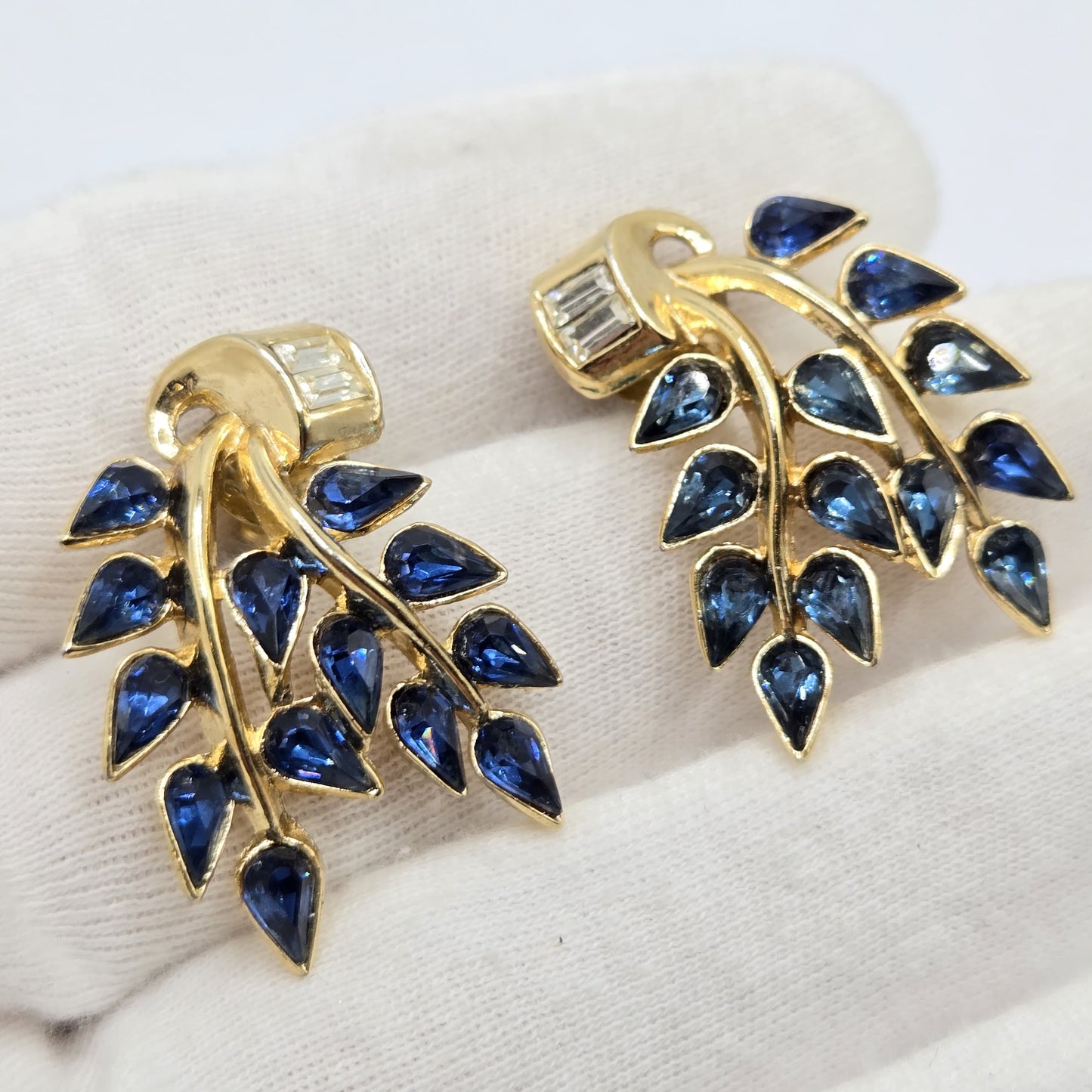 Vintage TRIFARI Blue leaves Rhinestones Gold tone Pierced Earrings (made from Clip on Earrings)