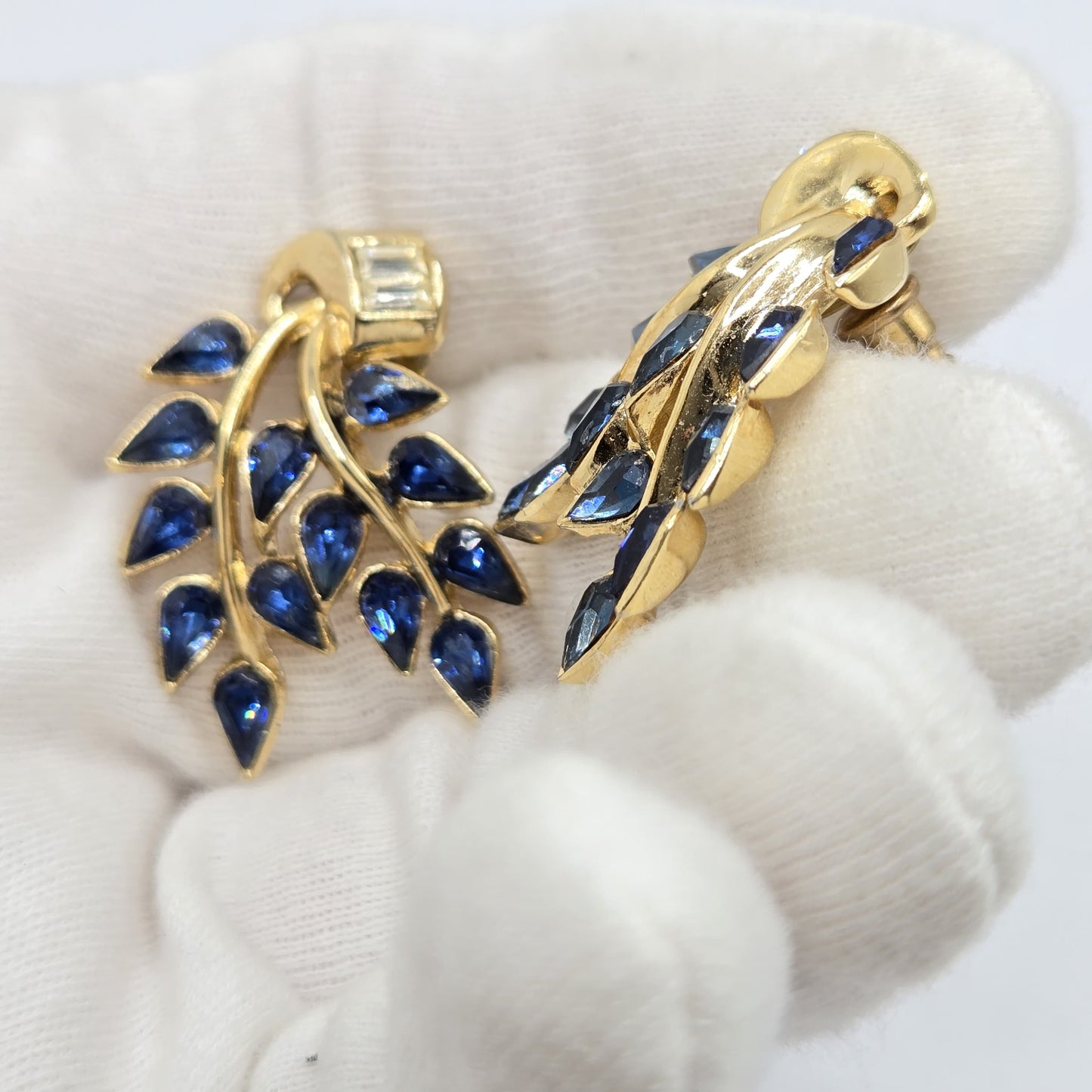 Vintage TRIFARI Blue leaves Rhinestones Gold tone Pierced Earrings (made from Clip on Earrings)