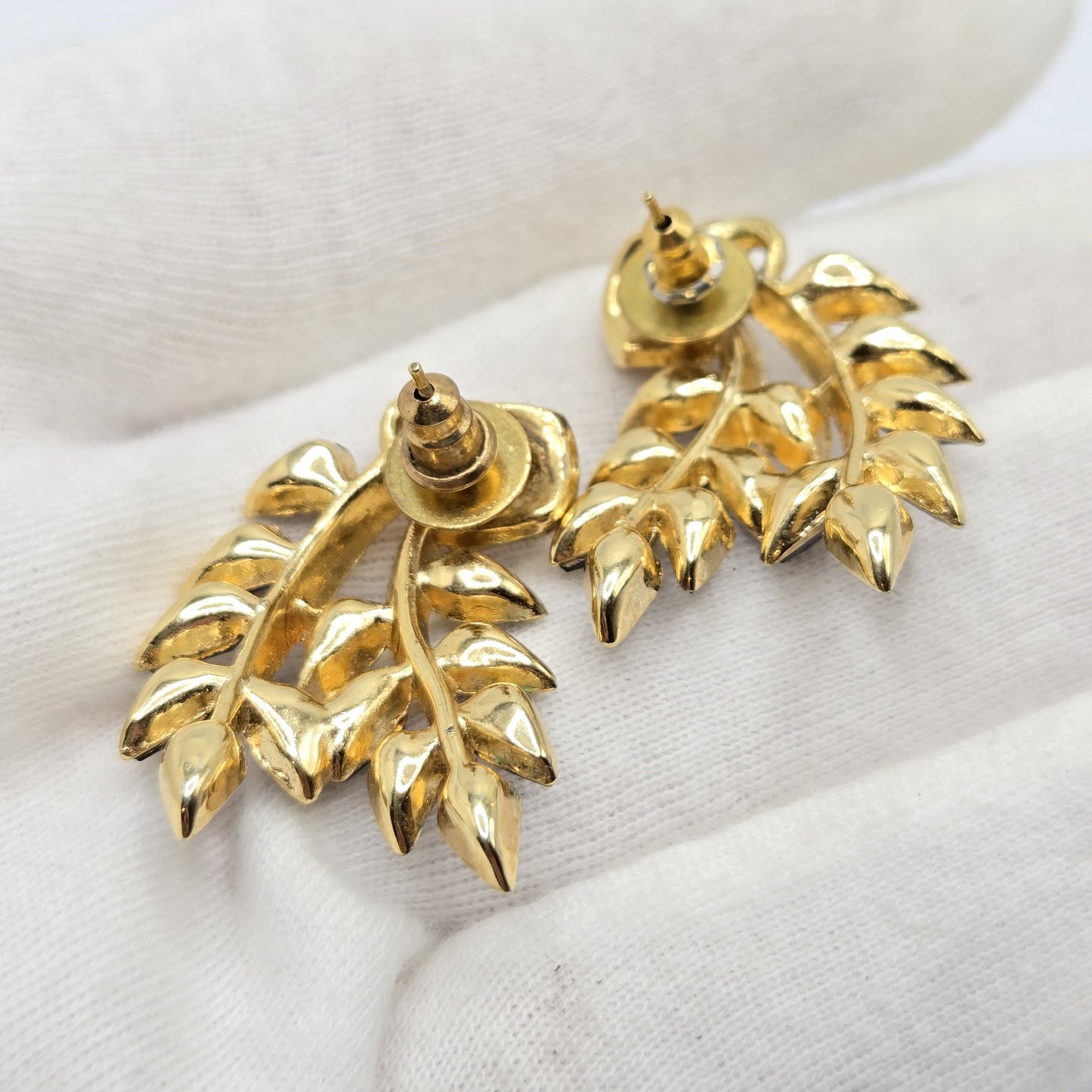 Vintage TRIFARI Blue leaves Rhinestones Gold tone Pierced Earrings (made from Clip on Earrings)
