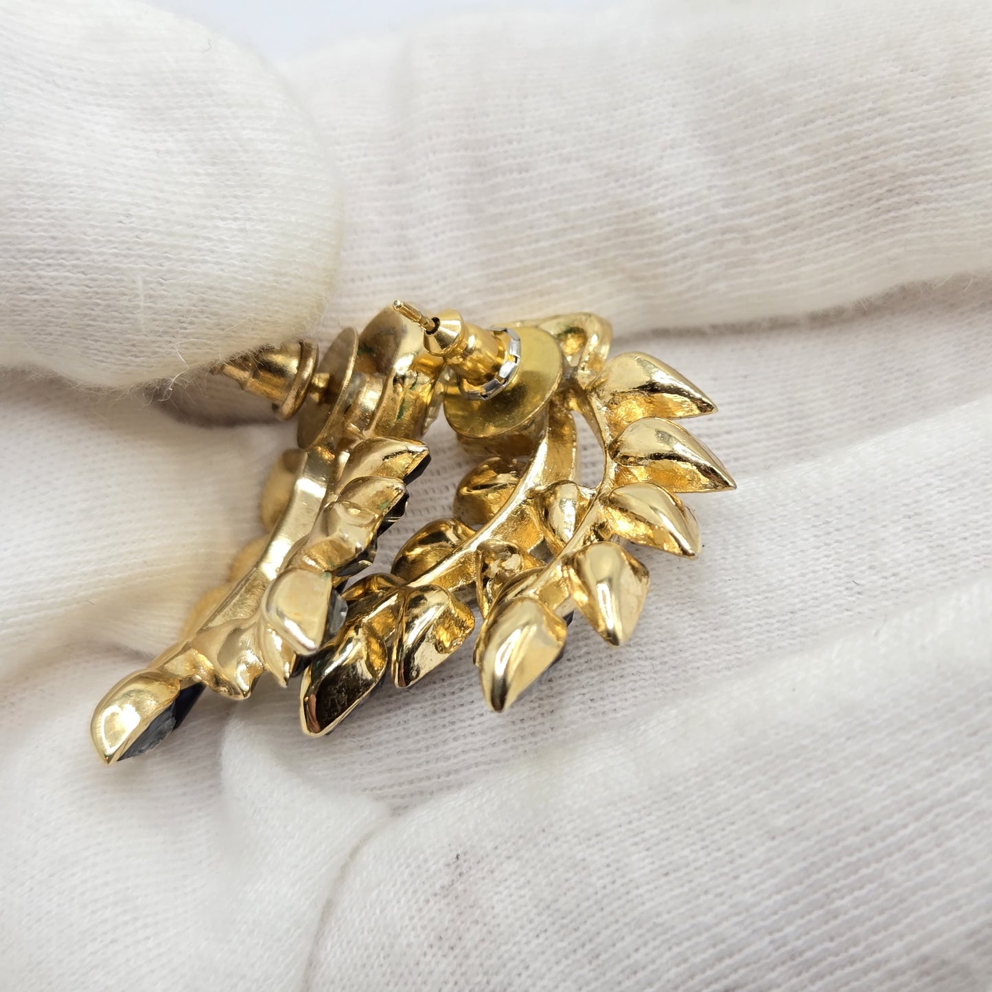 Vintage TRIFARI Blue leaves Rhinestones Gold tone Pierced Earrings (made from Clip on Earrings)