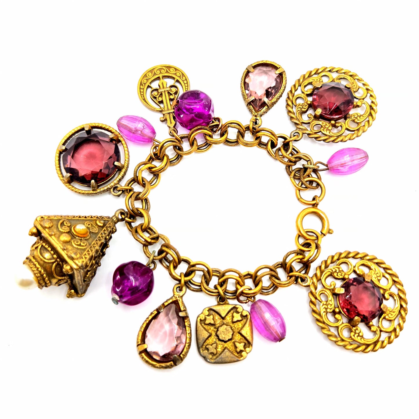 Vtg GERMAN Victorian Revival Crystal purple Charms  Gold Tone Bracelet