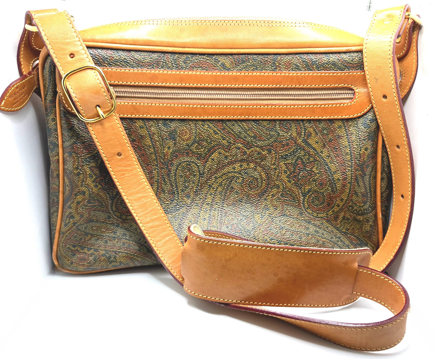 Vintage Stefano Serapian Milano Paisley Coated Canvas Crossbody Bag Tan Leather Italy