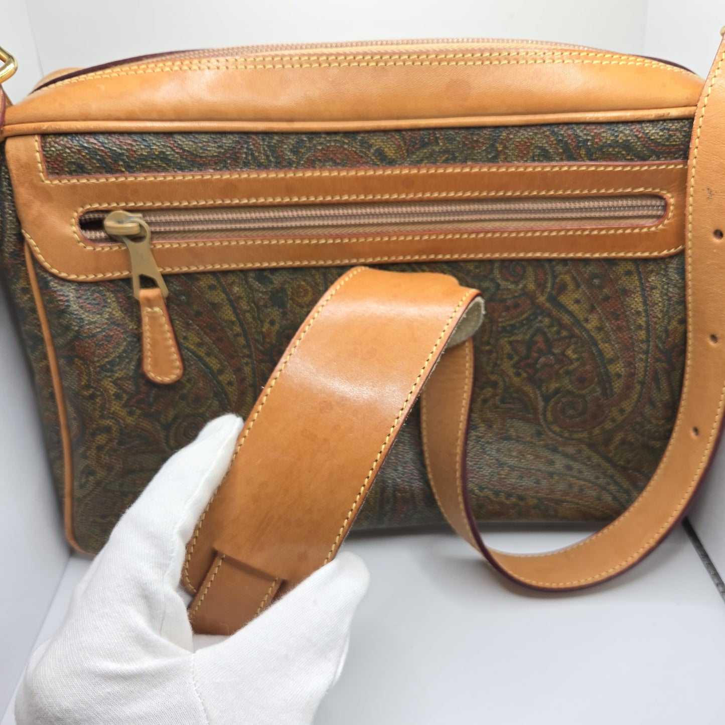 Vintage Stefano Serapian Milano Paisley Coated Canvas Crossbody Bag Tan Leather Italy