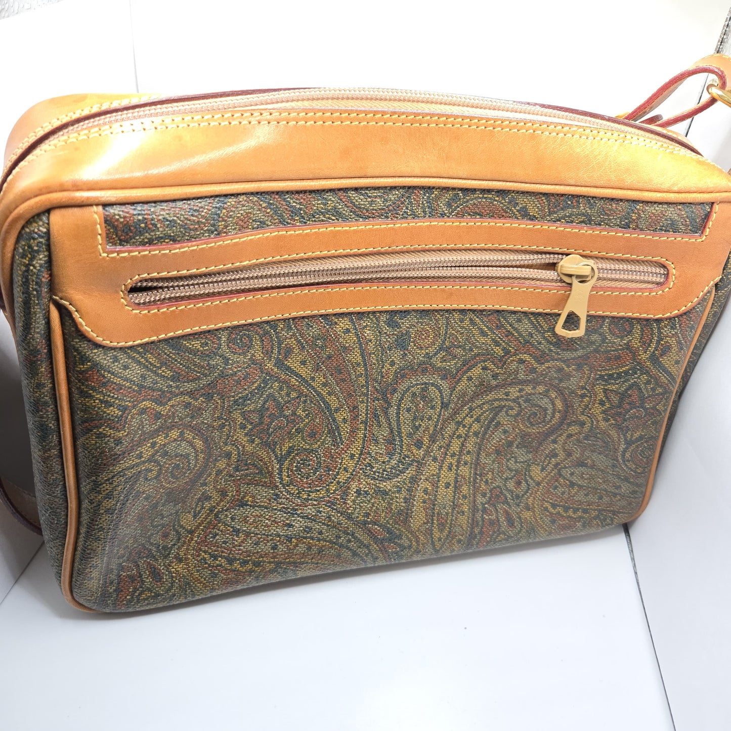 Vintage Stefano Serapian Milano Paisley Coated Canvas Crossbody Bag Tan Leather Italy