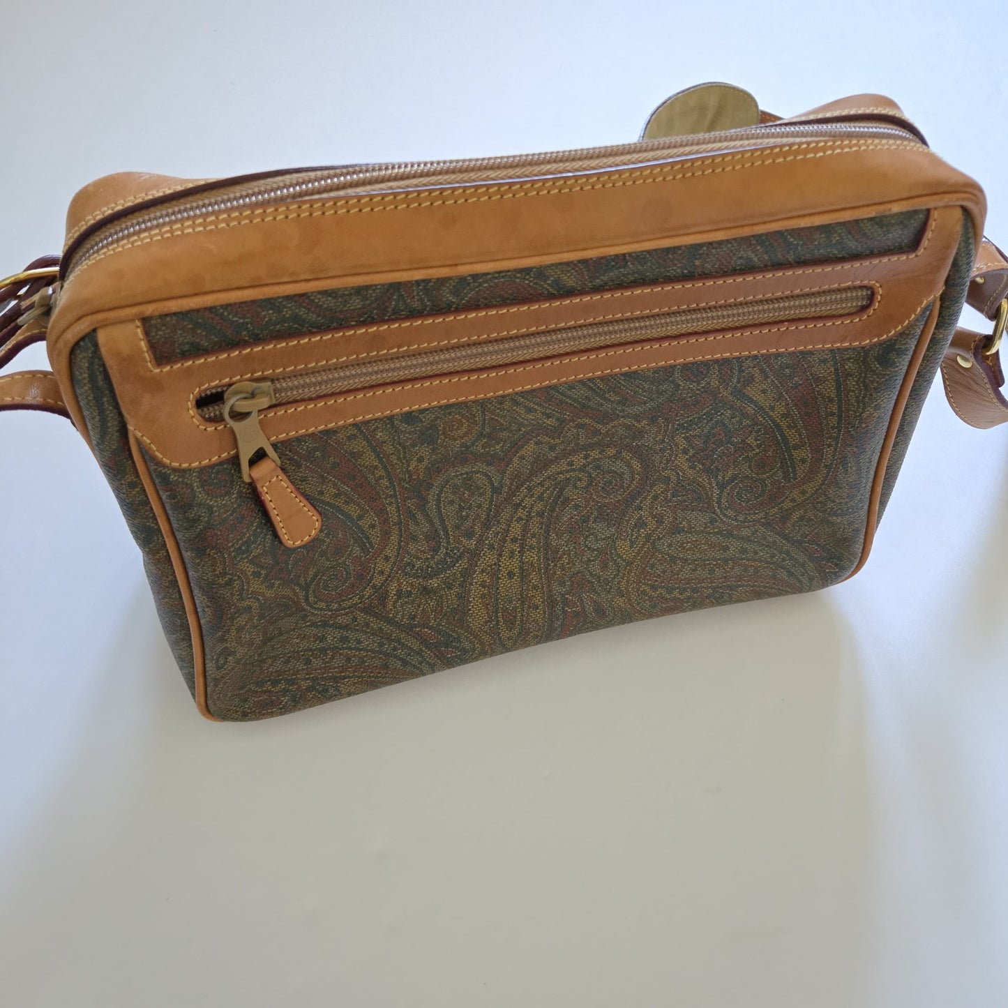 Vintage Stefano Serapian Milano Paisley Coated Canvas Crossbody Bag Tan Leather Italy