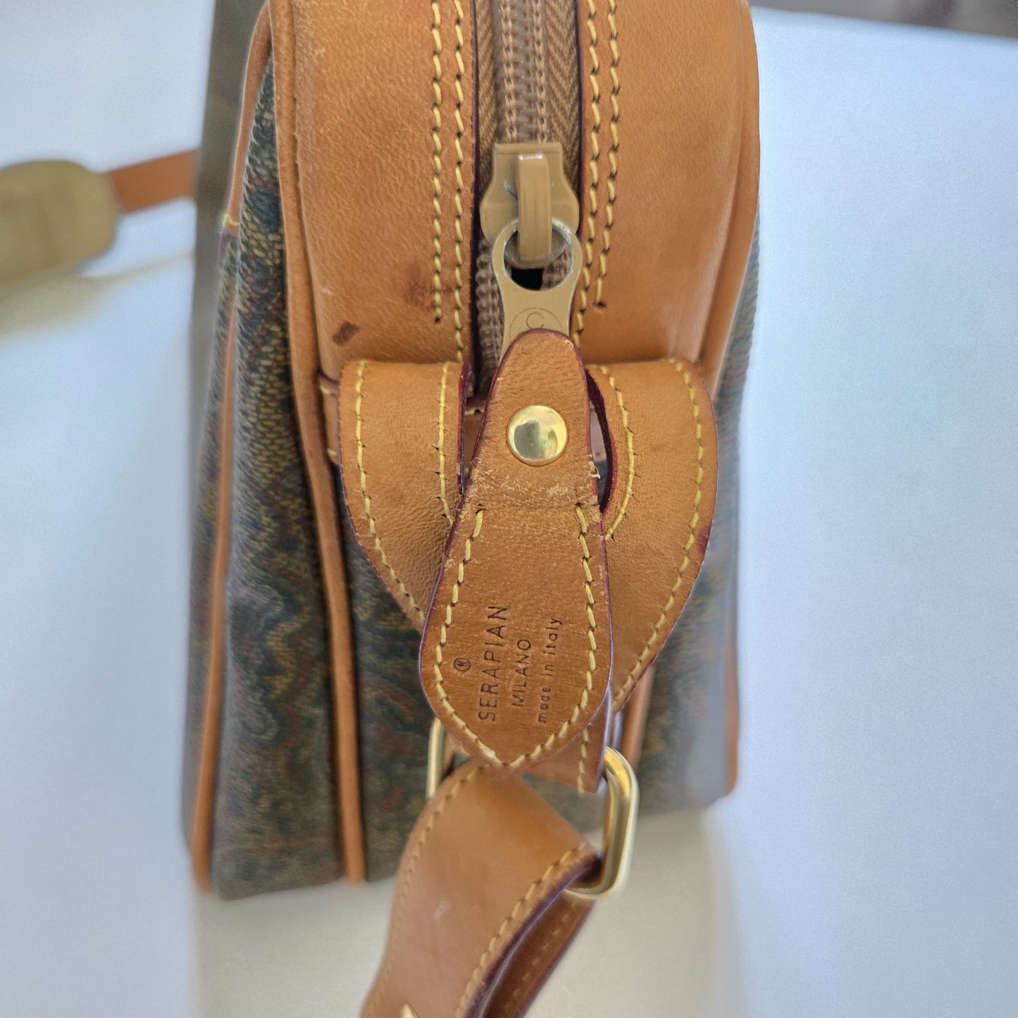 Vintage Stefano Serapian Milano Paisley Coated Canvas Crossbody Bag Tan Leather Italy