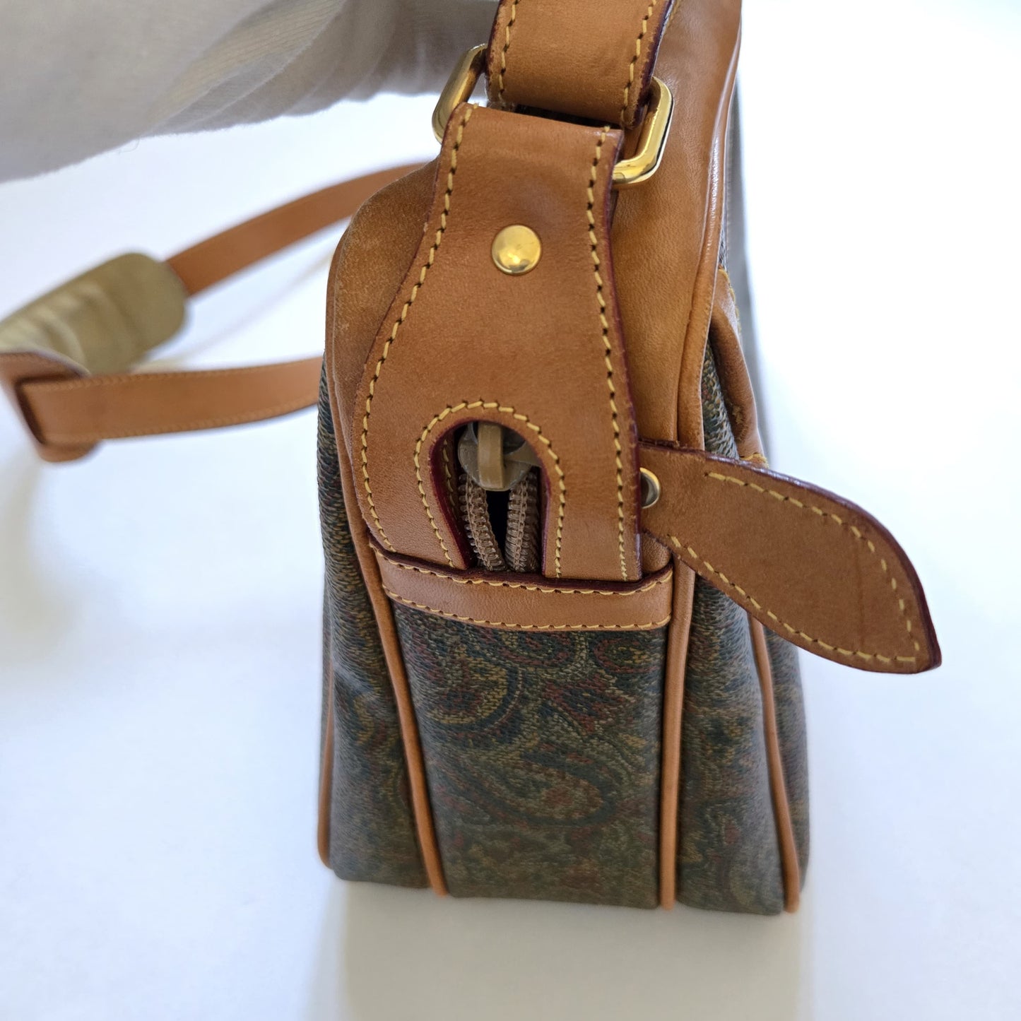 Vintage Stefano Serapian Milano Paisley Coated Canvas Crossbody Bag Tan Leather Italy