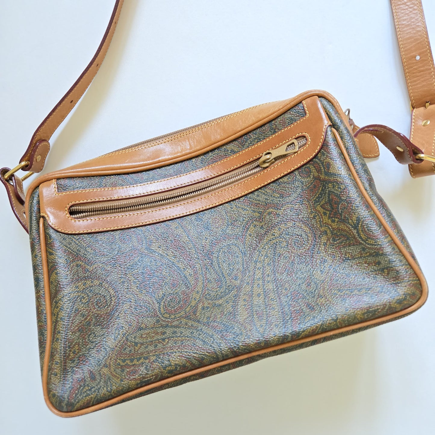 Vintage Stefano Serapian Milano Paisley Coated Canvas Crossbody Bag Tan Leather Italy