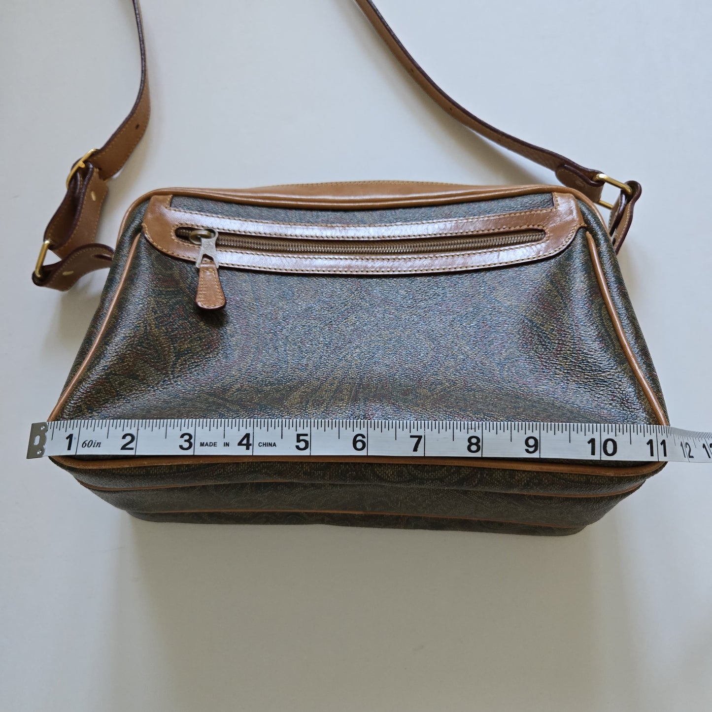 Vintage Stefano Serapian Milano Paisley Coated Canvas Crossbody Bag Tan Leather Italy