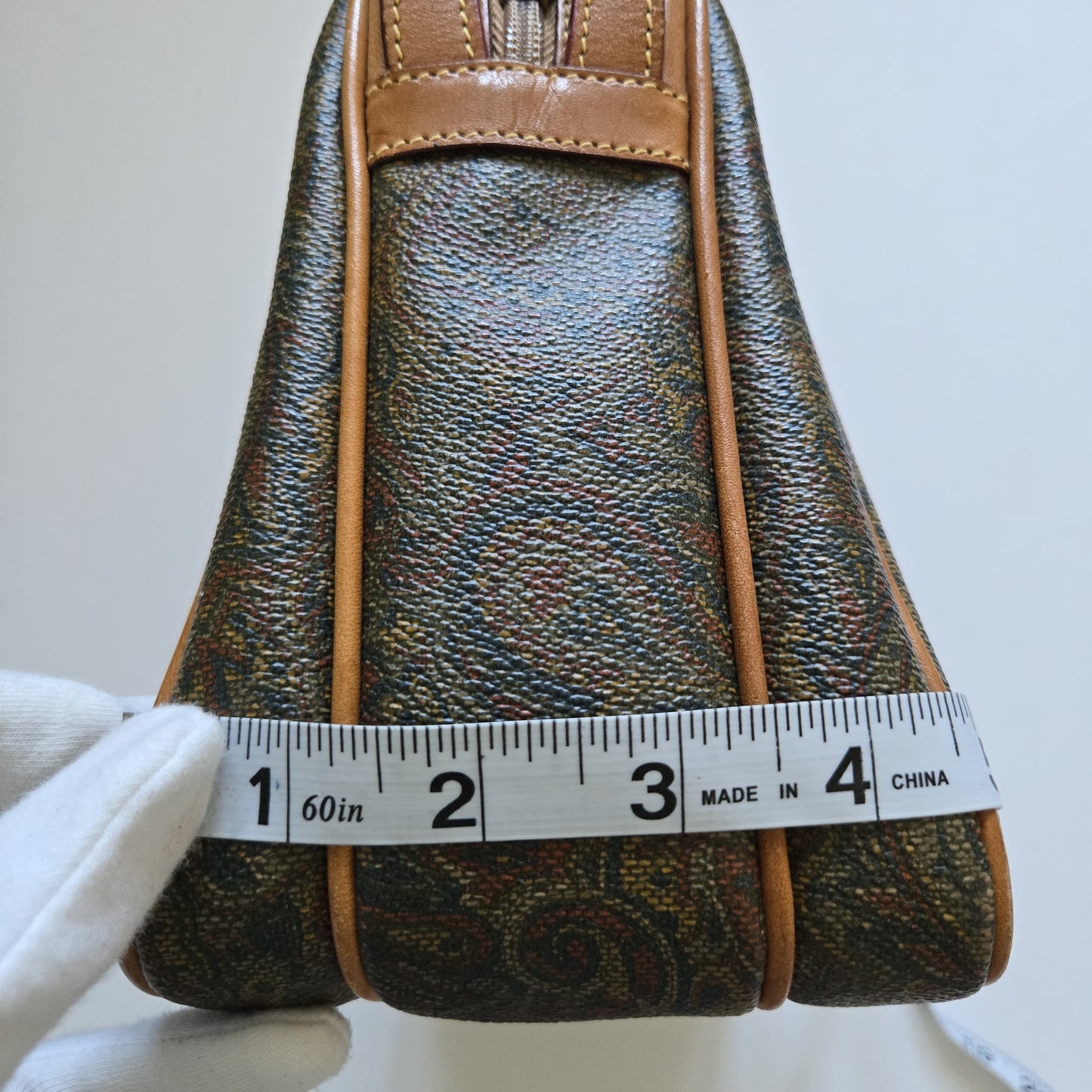 Vintage Stefano Serapian Milano Paisley Coated Canvas Crossbody Bag Tan Leather Italy