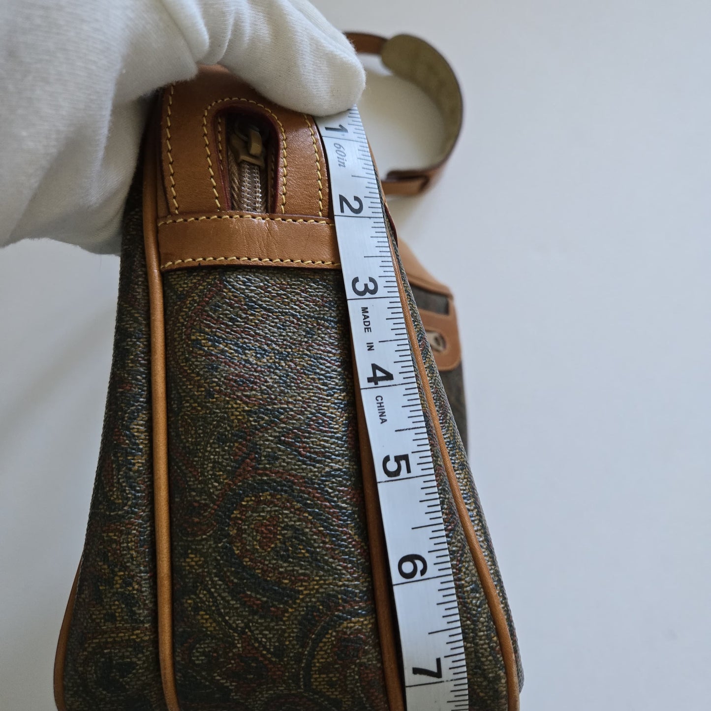 Vintage Stefano Serapian Milano Paisley Coated Canvas Crossbody Bag Tan Leather Italy