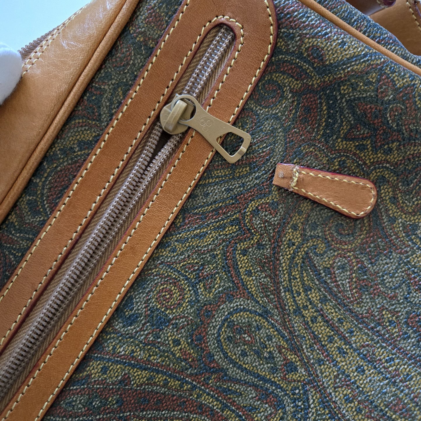 Vintage Stefano Serapian Milano Paisley Coated Canvas Crossbody Bag Tan Leather Italy