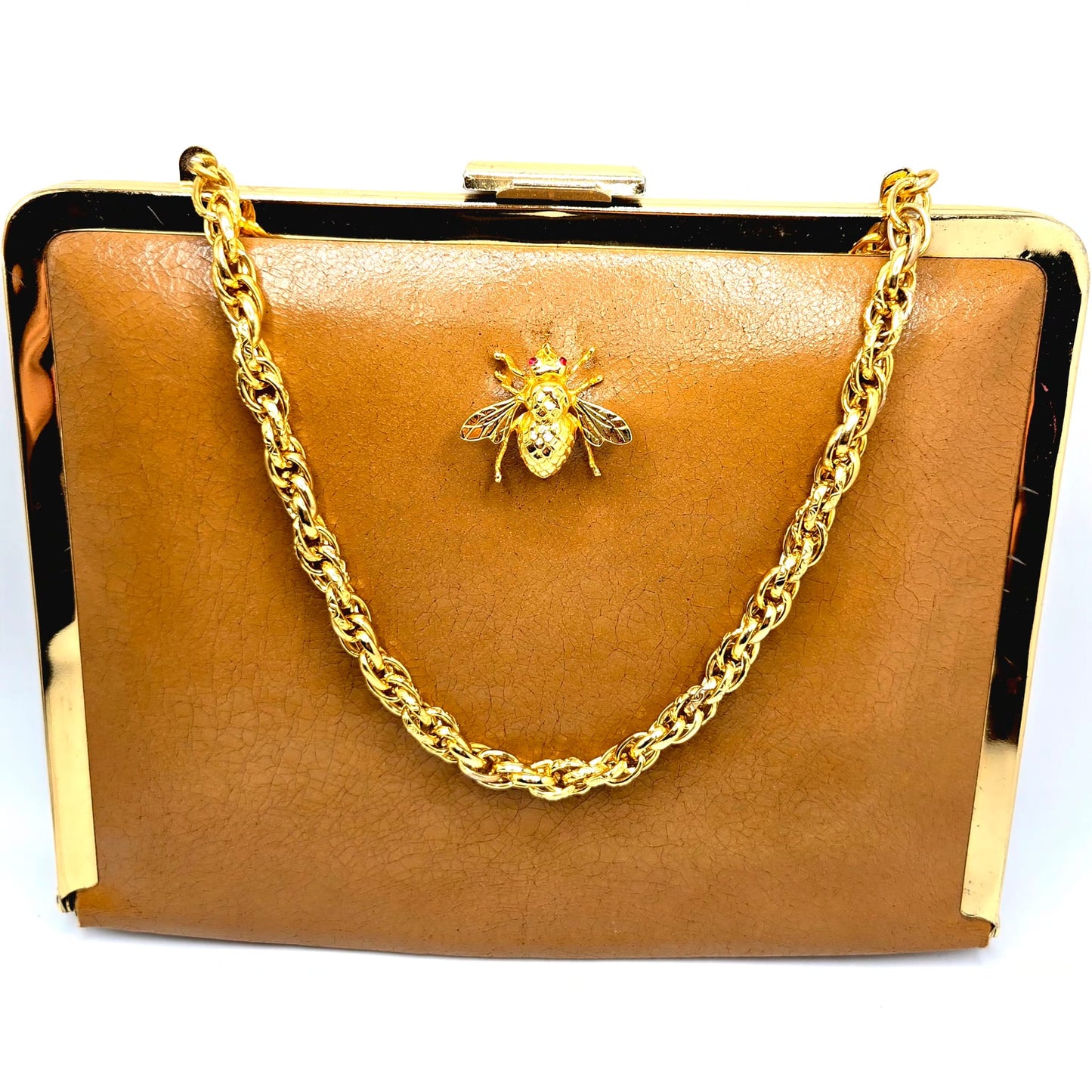 Vintage camel brown clutch bag with fly brooch pin, red eyes rhinestone, gold tone chain