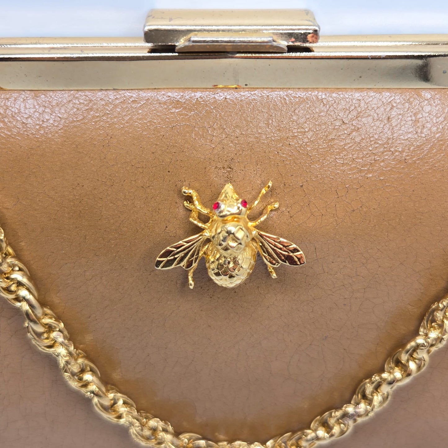 Vintage camel brown clutch bag with fly brooch pin, red eyes rhinestone, gold tone chain