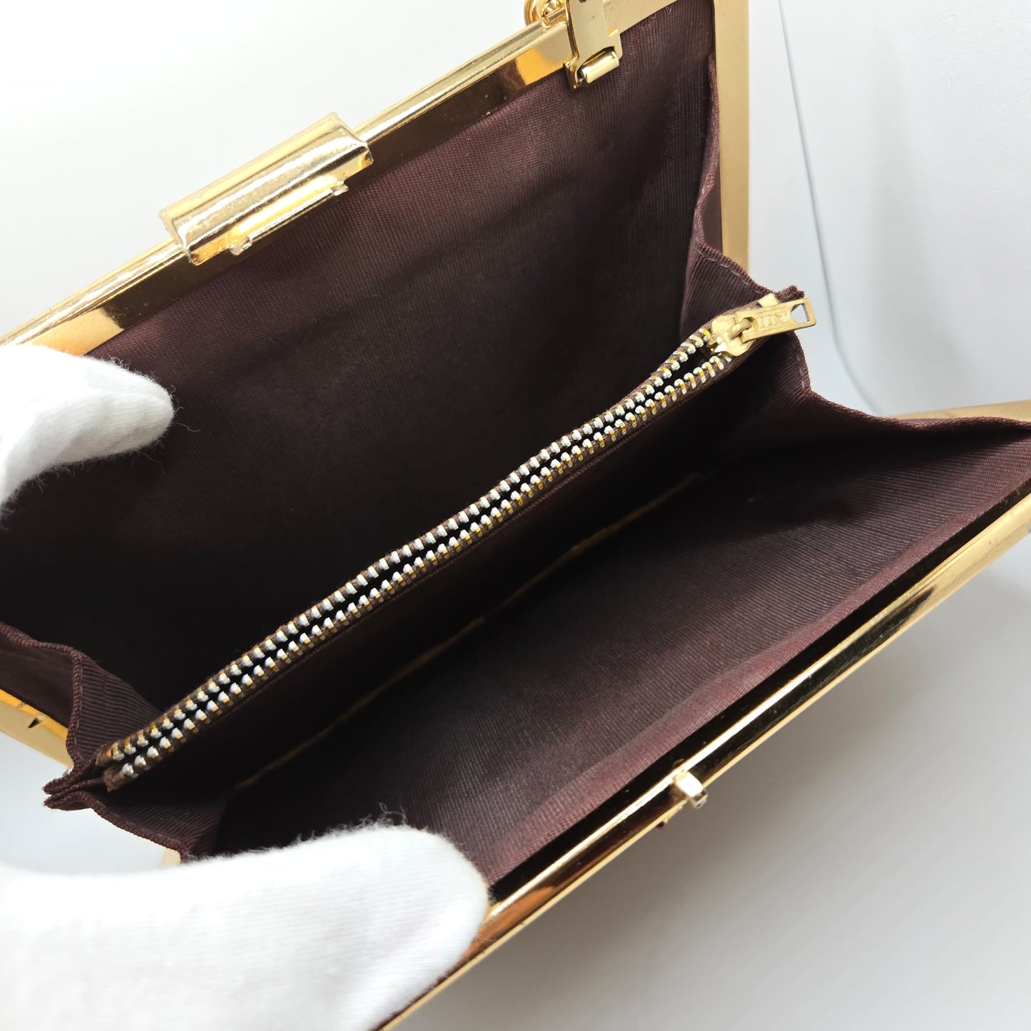 Vintage camel brown clutch bag with fly brooch pin, red eyes rhinestone, gold tone chain