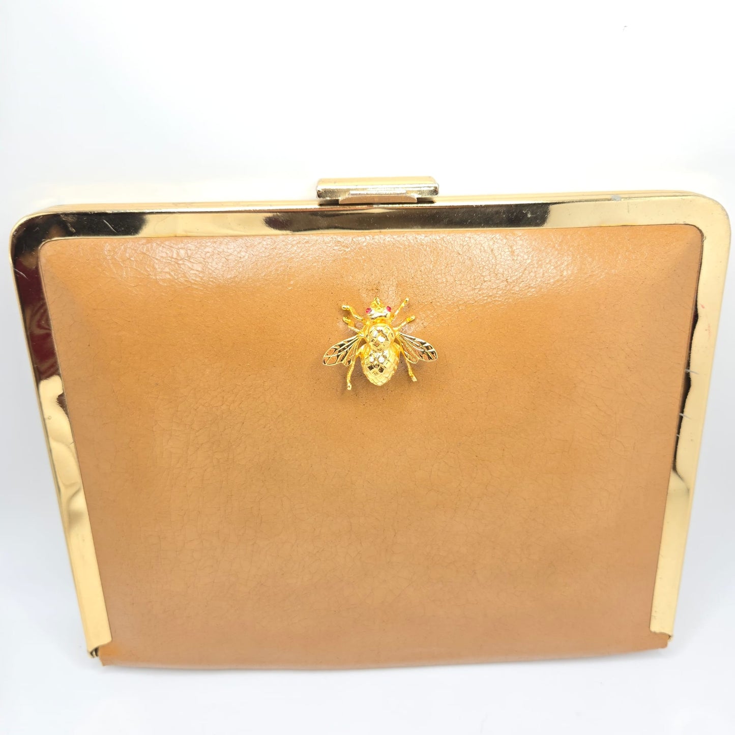 Vintage camel brown clutch bag with fly brooch pin, red eyes rhinestone, gold tone chain