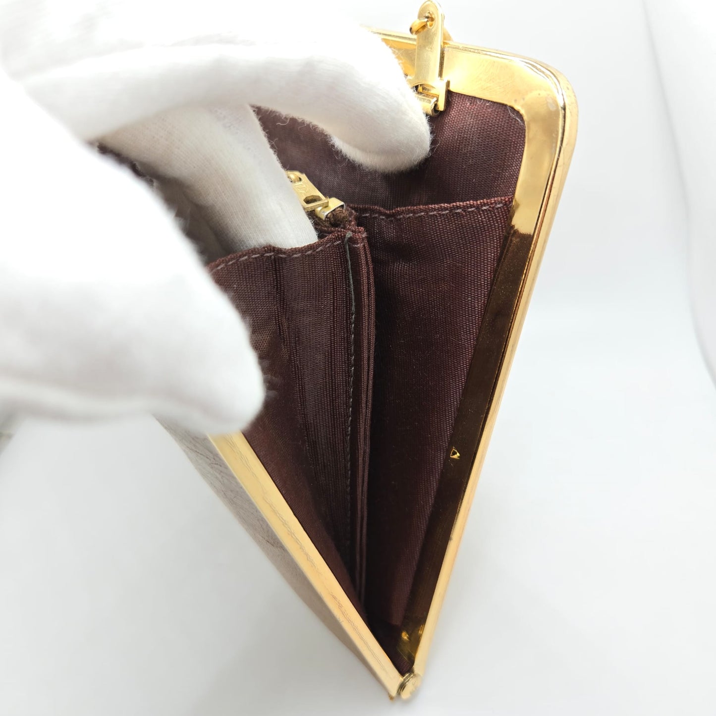 Vintage camel brown clutch bag with fly brooch pin, red eyes rhinestone, gold tone chain