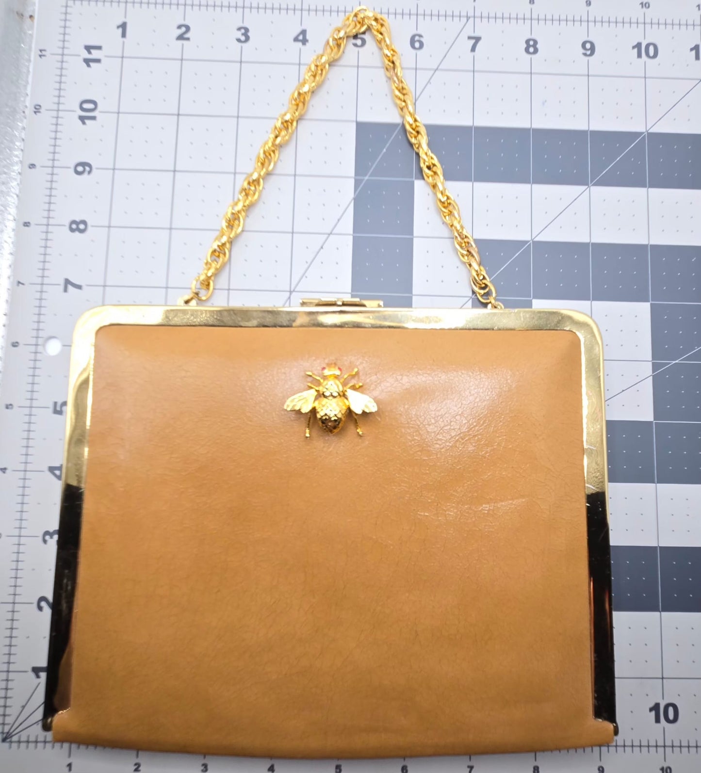 Vintage camel brown clutch bag with fly brooch pin, red eyes rhinestone, gold tone chain