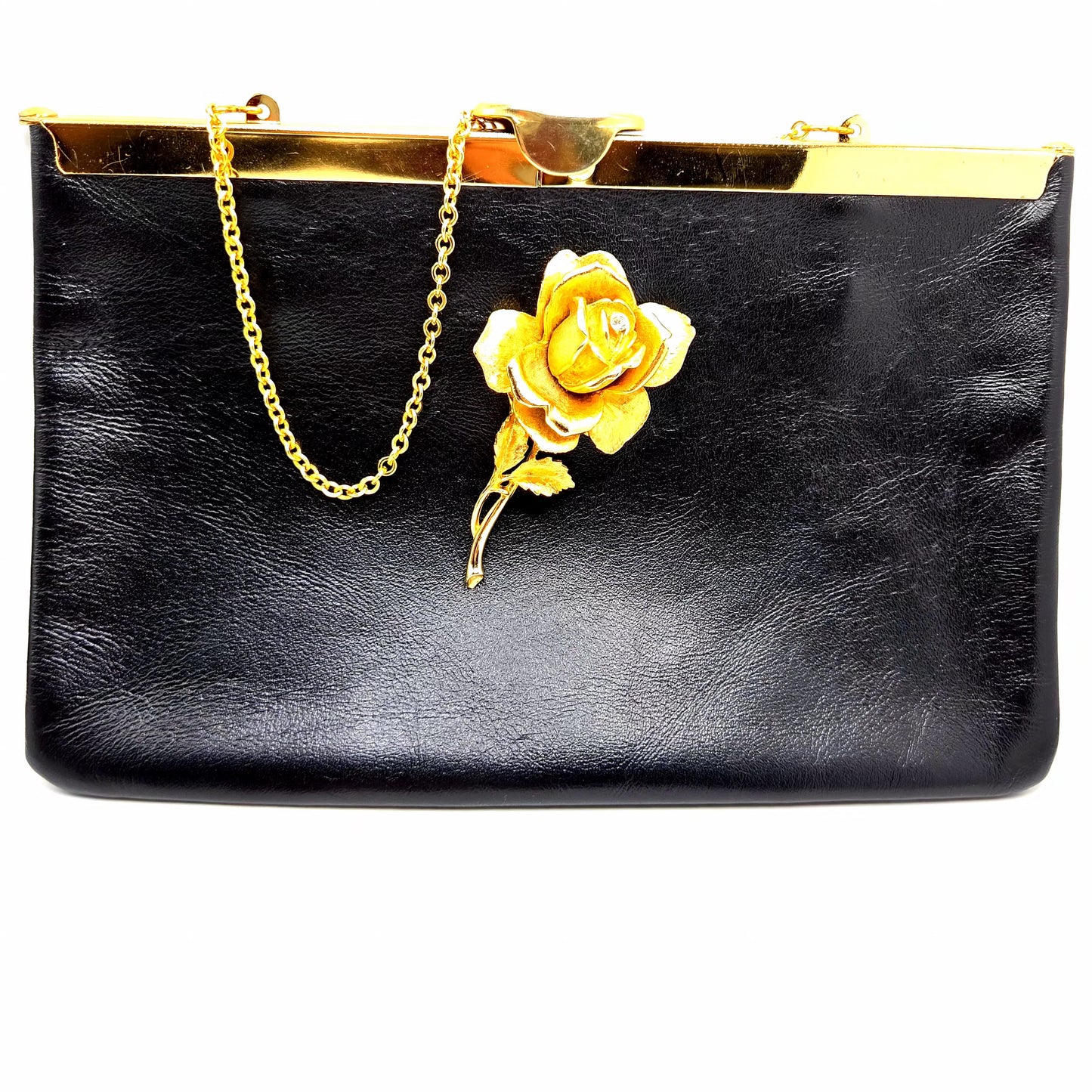 Vintage ETRA black leather clutch bag with ROSE Brooch pin and gold tone chain