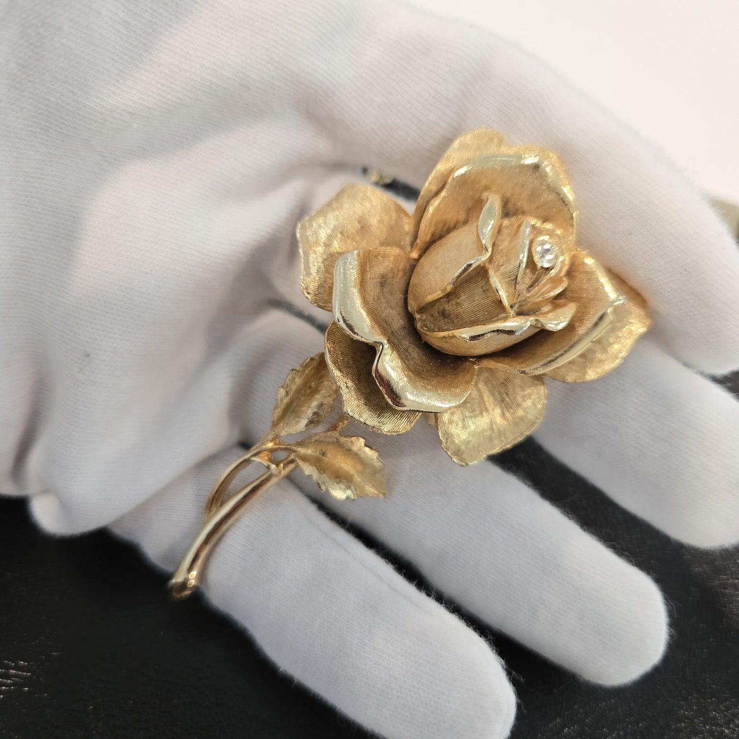 Vintage ETRA black leather clutch bag with ROSE Brooch pin and gold tone chain