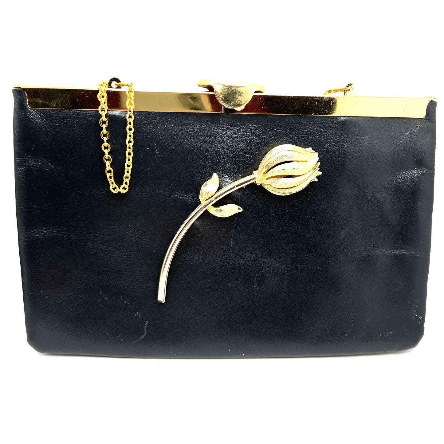 Vintage ETRA navy blue leather clutch bag with tulip bud Brooch pin and gold tone chain