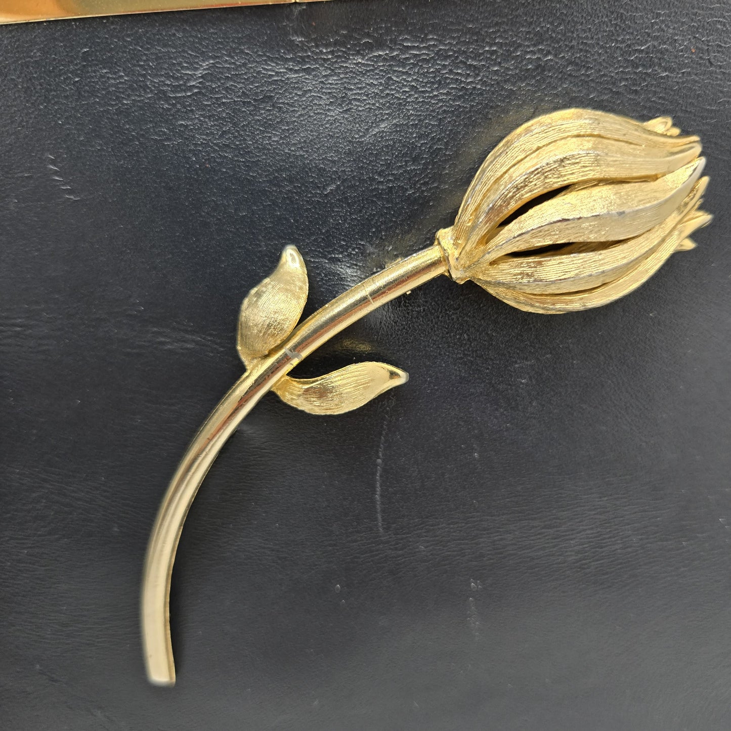 Vintage ETRA navy blue leather clutch bag with tulip bud Brooch pin and gold tone chain