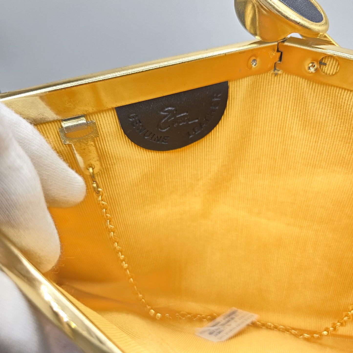 Vintage ETRA navy blue leather clutch bag with tulip bud Brooch pin and gold tone chain