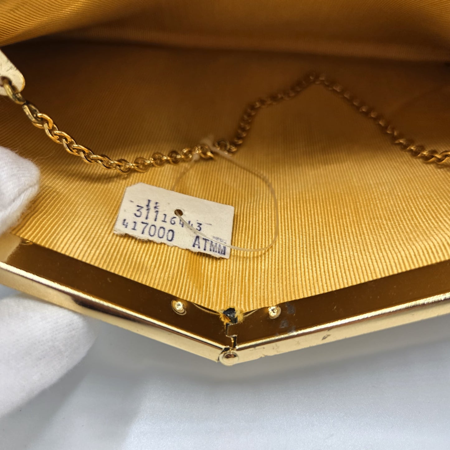 Vintage ETRA navy blue leather clutch bag with tulip bud Brooch pin and gold tone chain