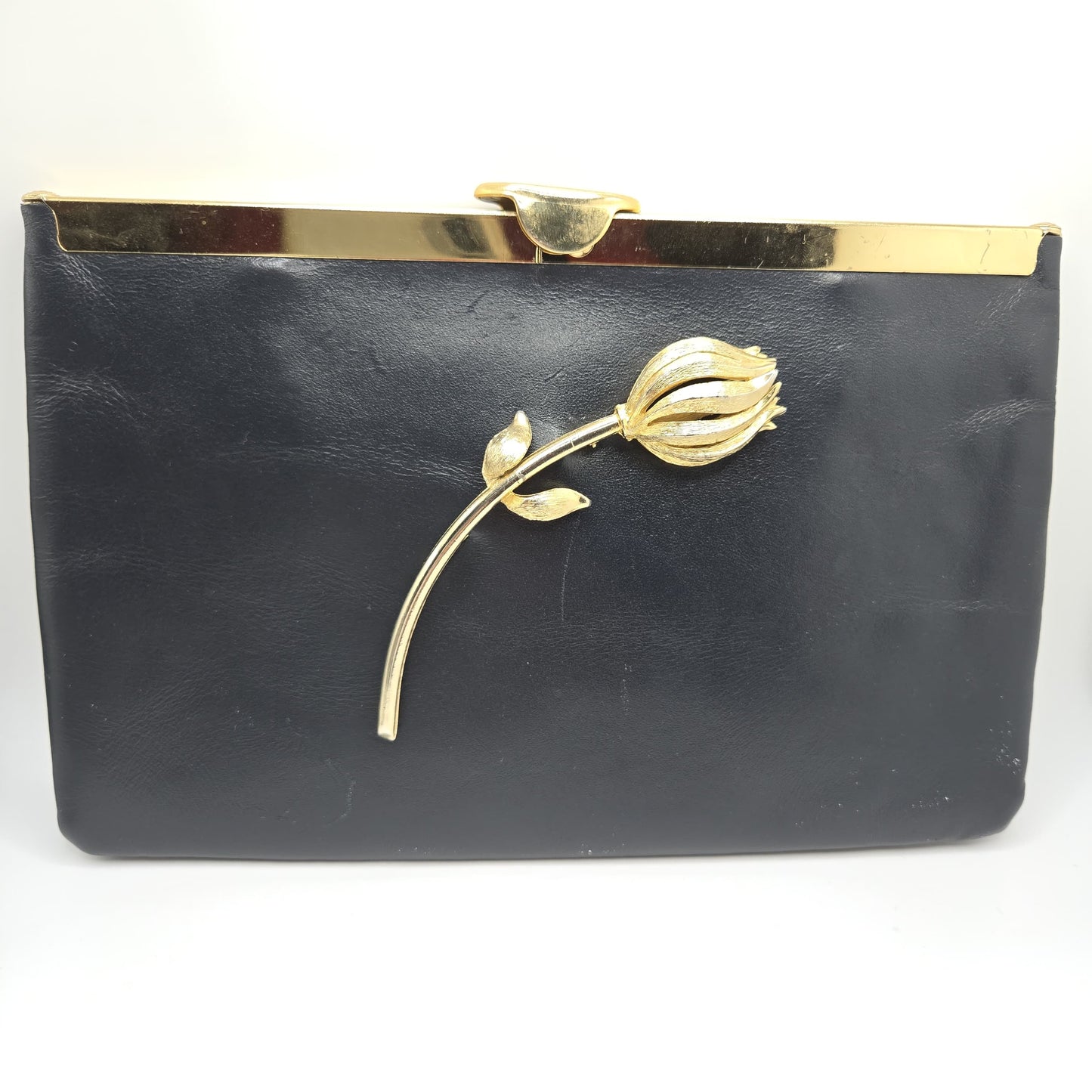 Vintage ETRA navy blue leather clutch bag with tulip bud Brooch pin and gold tone chain