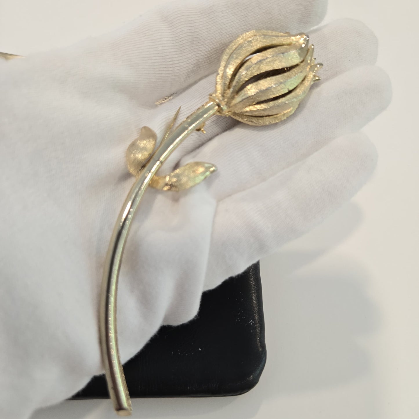 Vintage ETRA navy blue leather clutch bag with tulip bud Brooch pin and gold tone chain