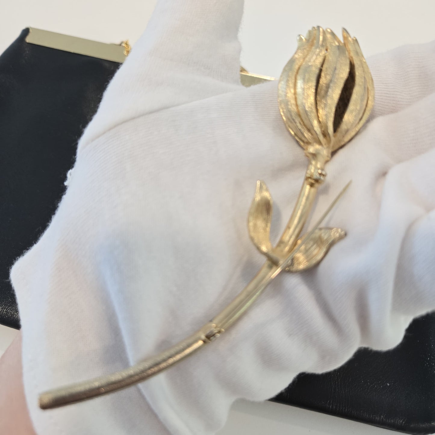 Vintage ETRA navy blue leather clutch bag with tulip bud Brooch pin and gold tone chain