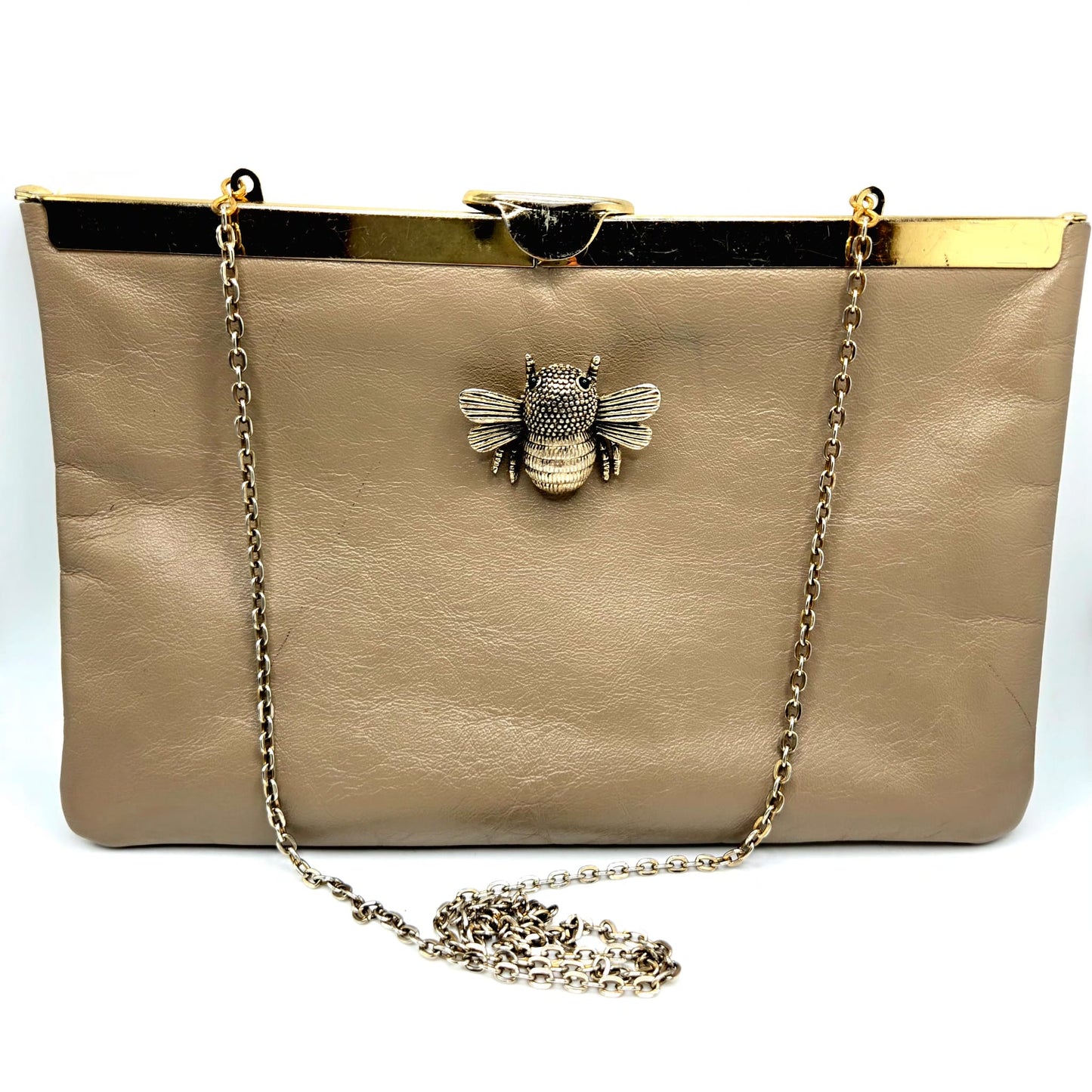 Vintage ETRA grey-brown leather clutch bag with antique silver shoulder chain and bee brooch pin