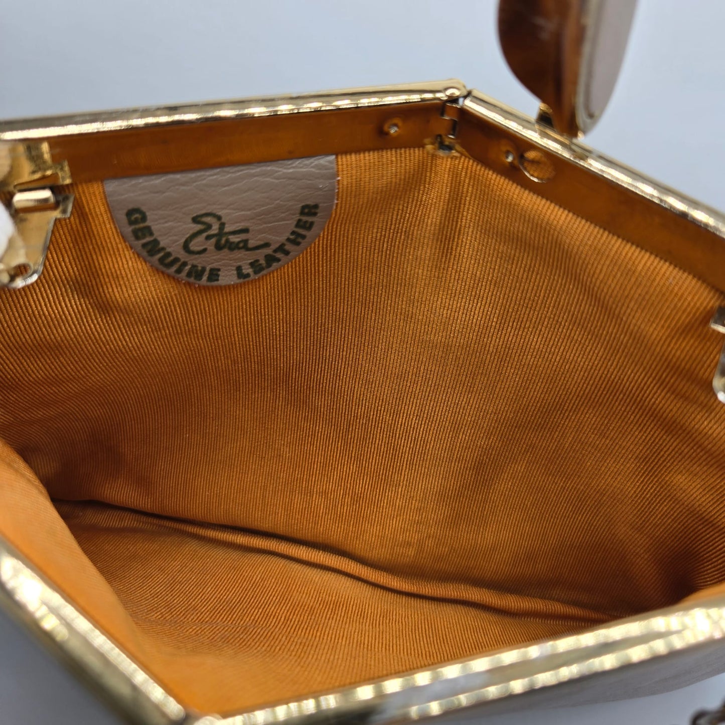 Vintage ETRA grey-brown leather clutch bag with antique silver shoulder chain and bee brooch pin