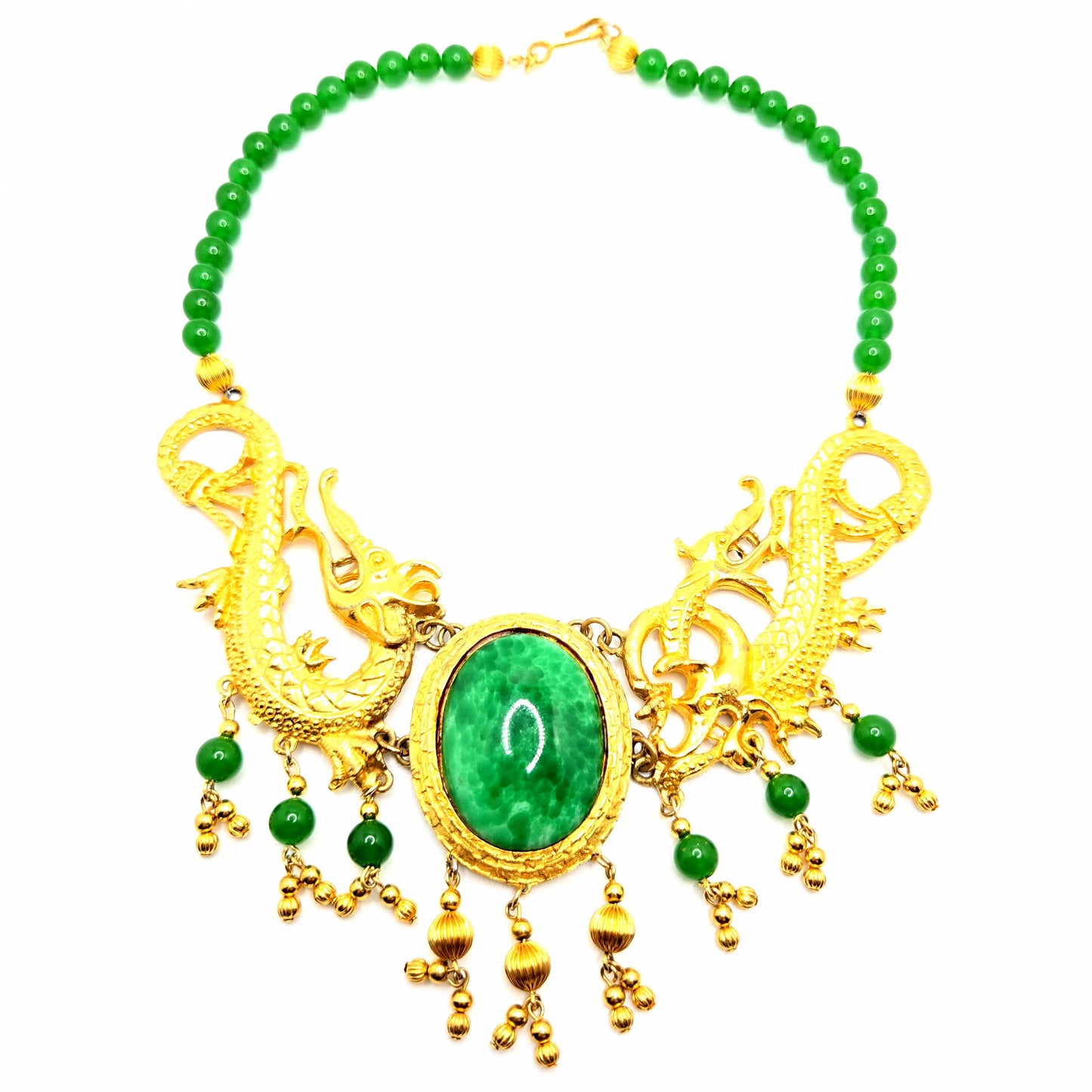 Vintage Designer Runway Statement Necklace with Massive Dragon Motif, Gold-Tone Metal and Faux Green Jade Beads