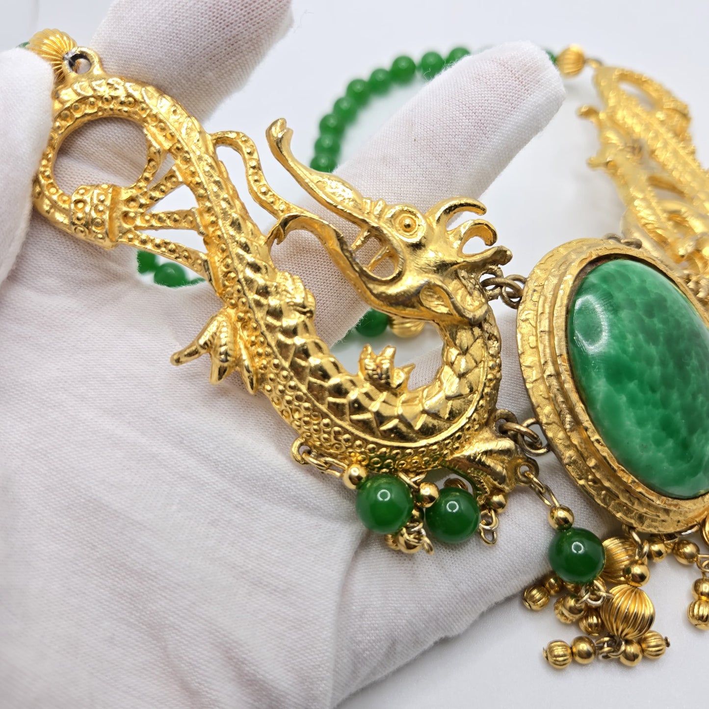 Vintage Designer Runway Statement Necklace with Massive Dragon Motif, Gold-Tone Metal and Faux Green Jade Beads