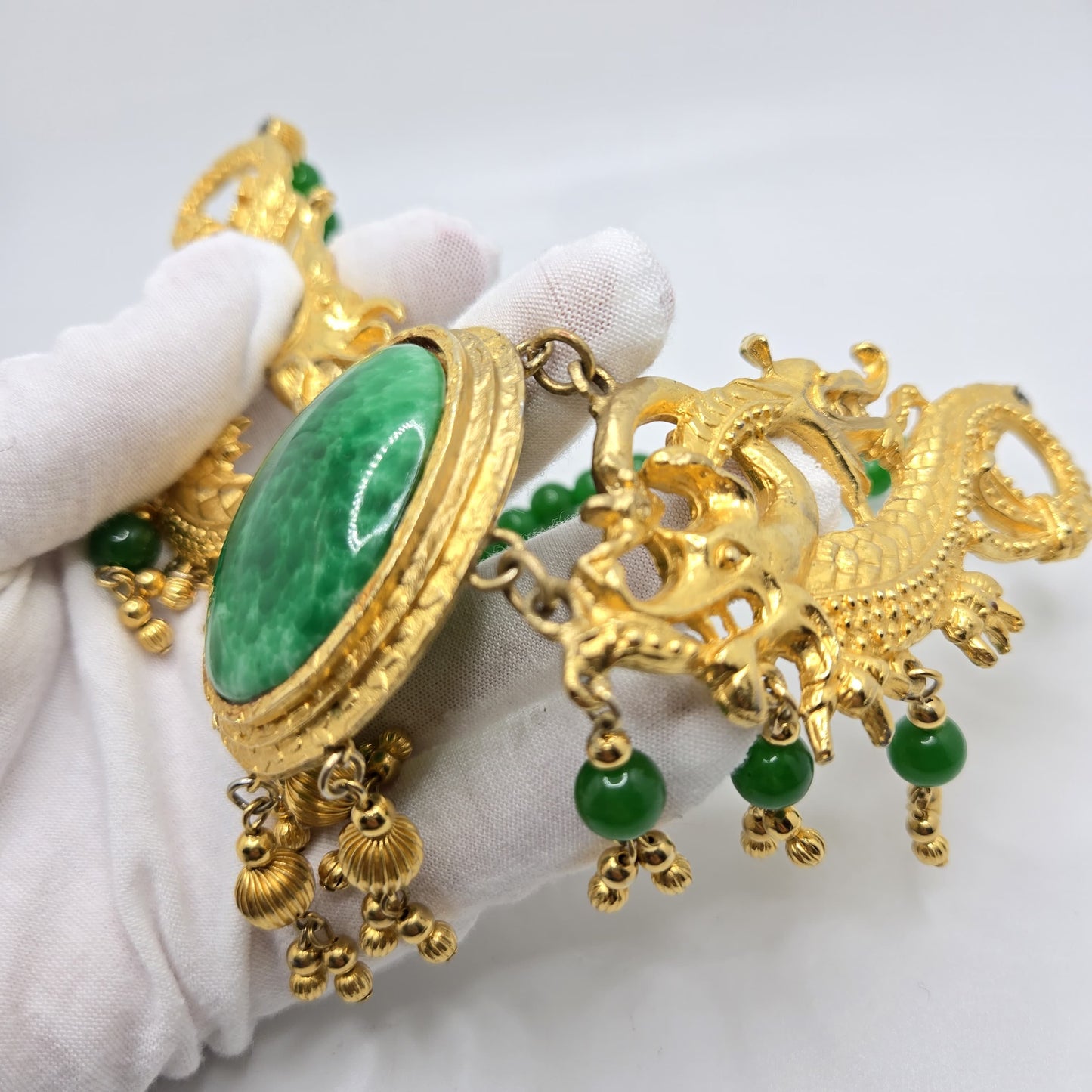Vintage Designer Runway Statement Necklace with Massive Dragon Motif, Gold-Tone Metal and Faux Green Jade Beads