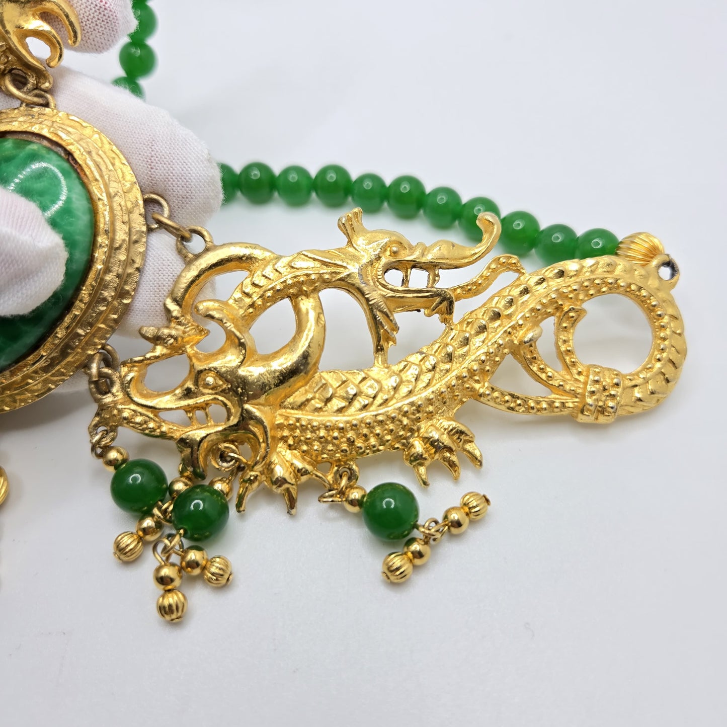 Vintage Designer Runway Statement Necklace with Massive Dragon Motif, Gold-Tone Metal and Faux Green Jade Beads