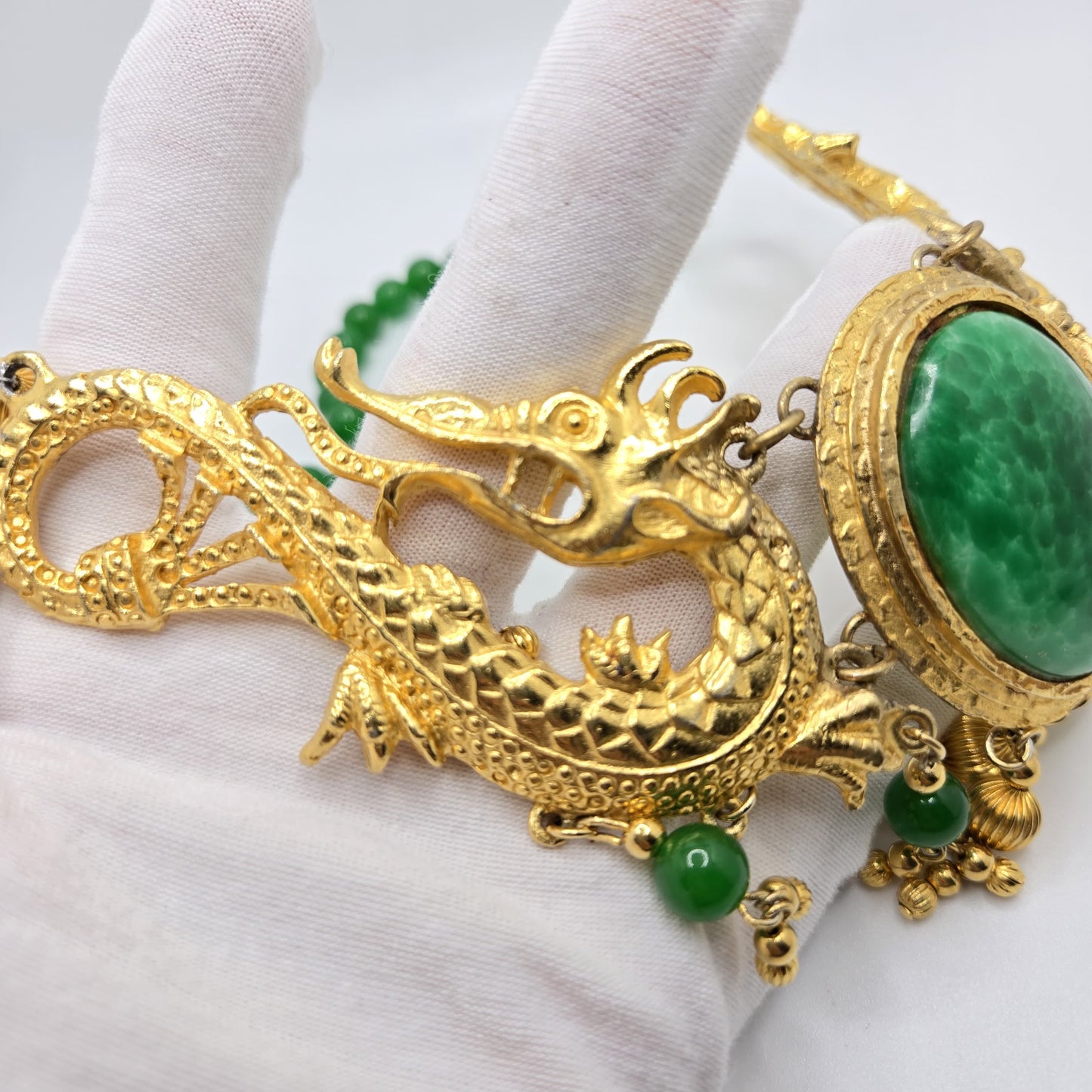 Vintage Designer Runway Statement Necklace with Massive Dragon Motif, Gold-Tone Metal and Faux Green Jade Beads