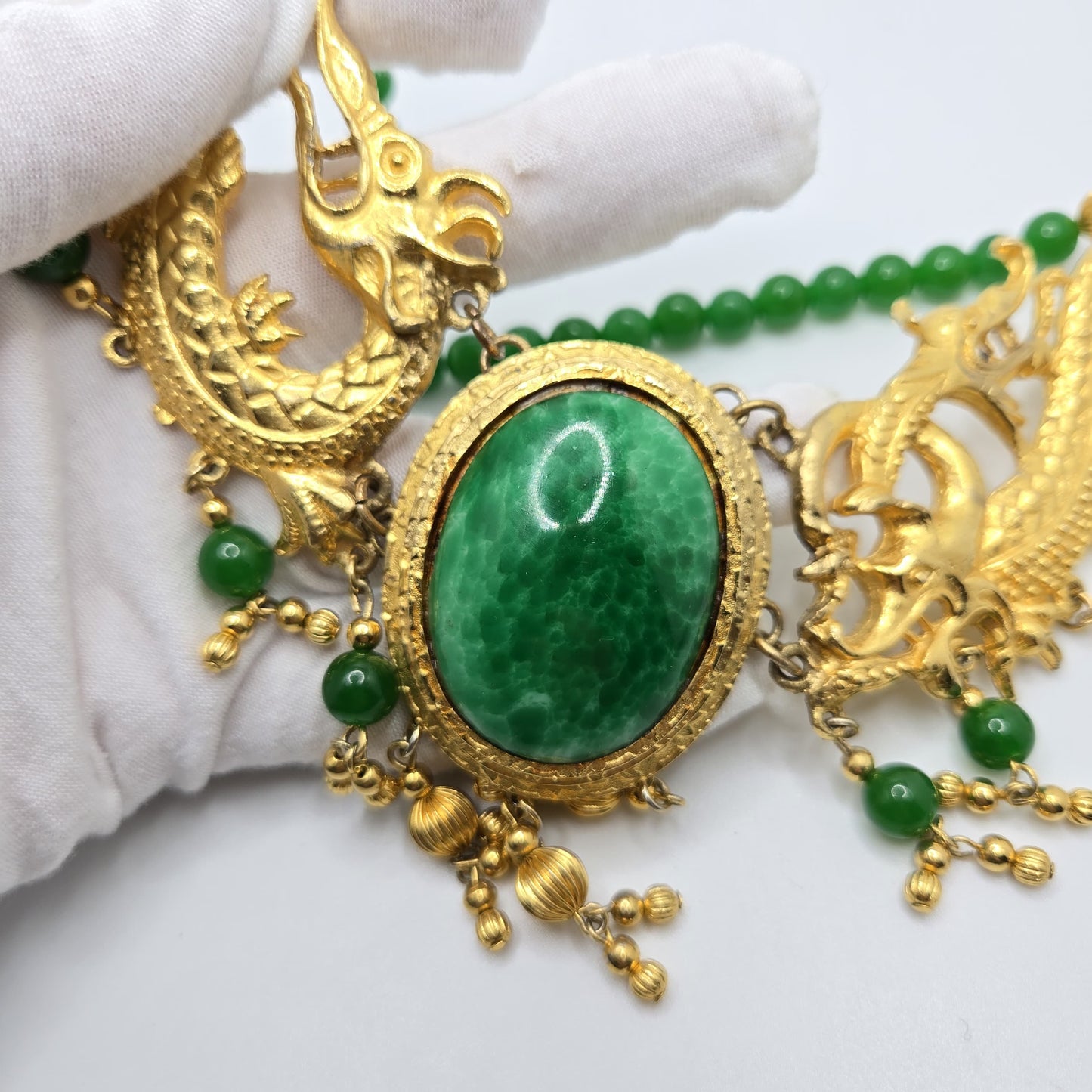 Vintage Designer Runway Statement Necklace with Massive Dragon Motif, Gold-Tone Metal and Faux Green Jade Beads