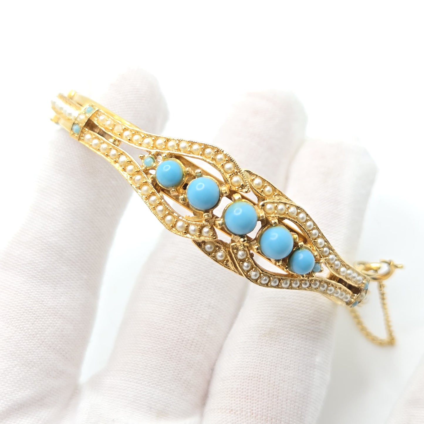 Vintage Art Arthur Pepper Faux Pearls & Faux Turquoise Gold Tone Bangle Bracelet