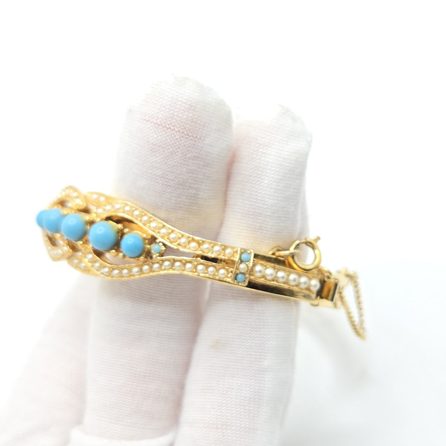 Vintage Art Arthur Pepper Faux Pearls & Faux Turquoise Gold Tone Bangle Bracelet